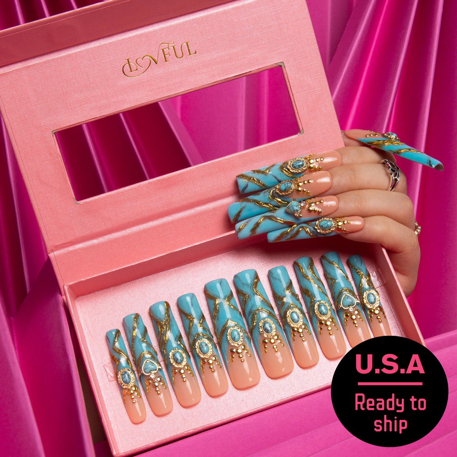 Turquoise Blue French Tip Press-on Nails with Golden Detail, Ready to ship