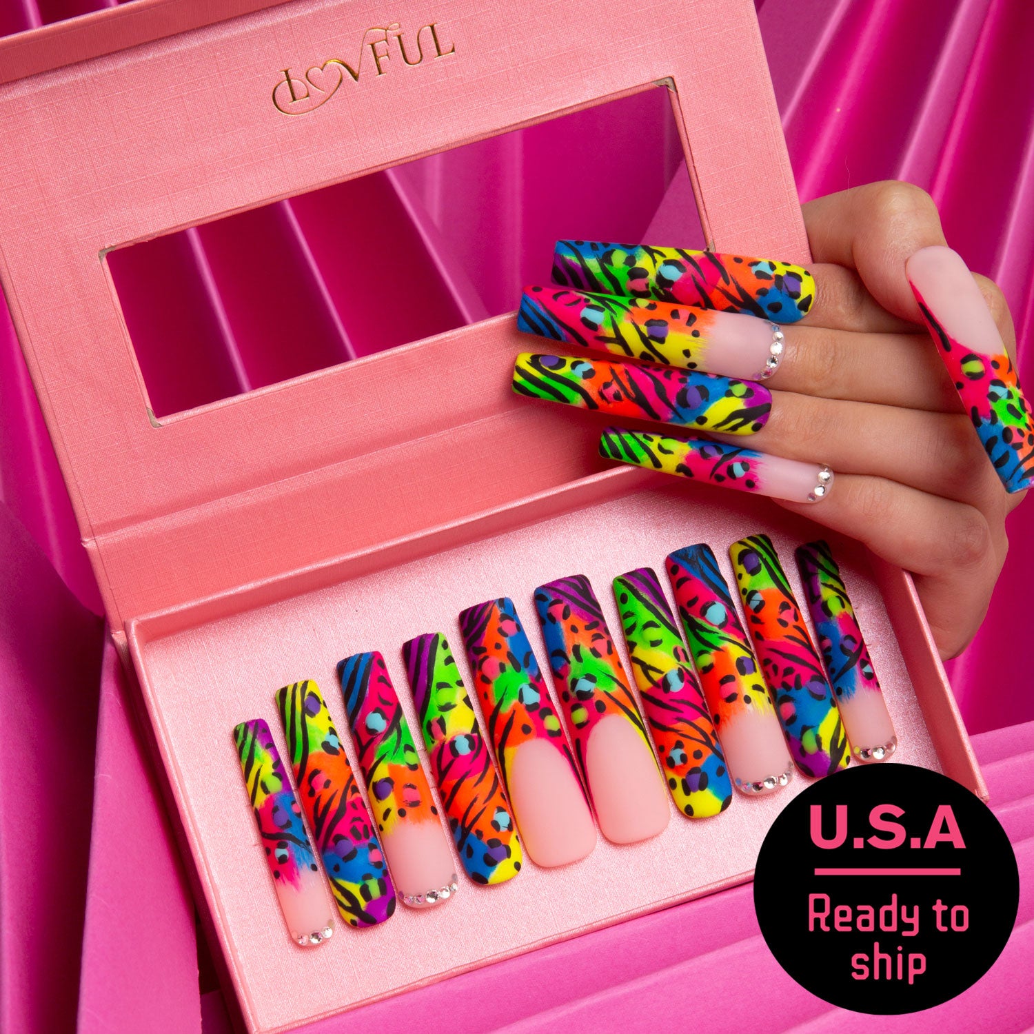 Illusion Handmade Square Nails with Colorful French Tip