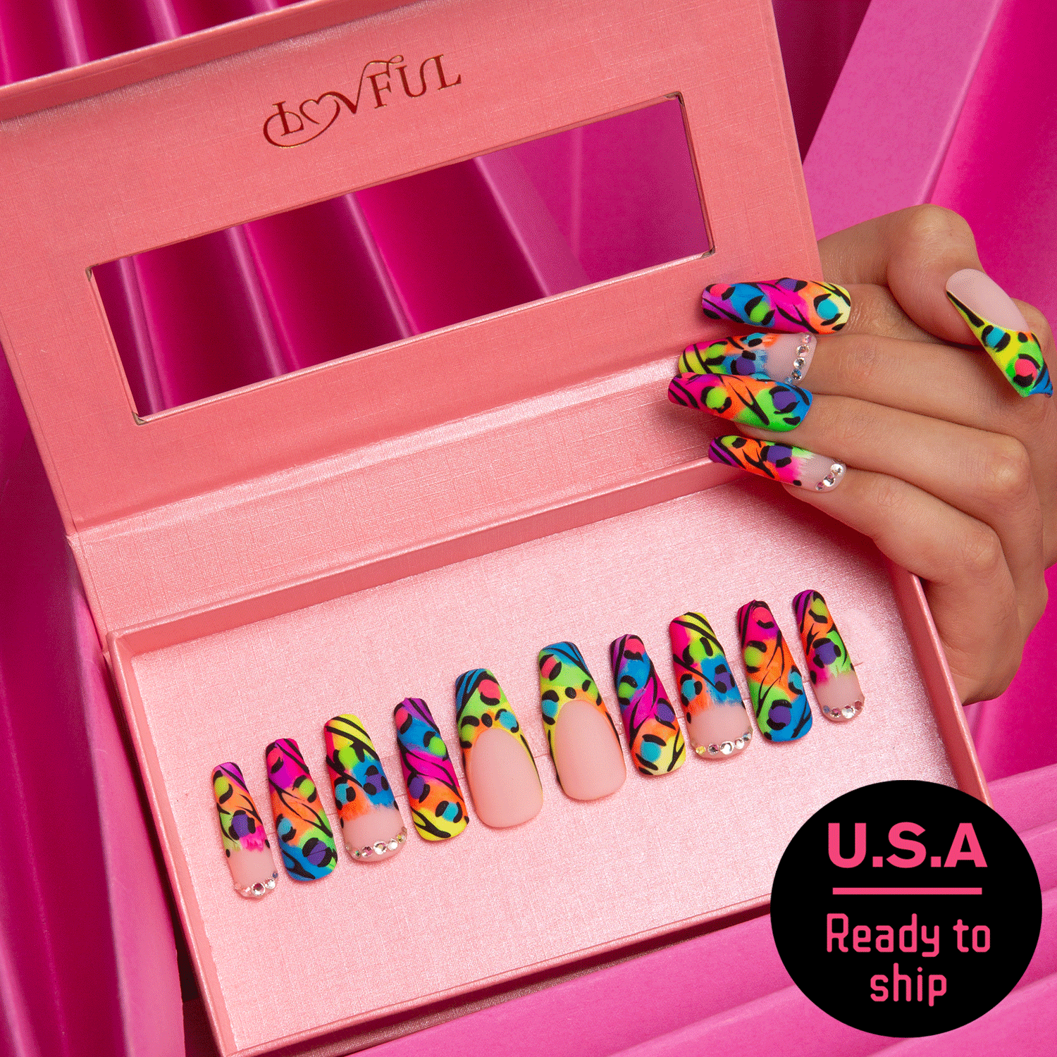 Illusion Coffin Nails with Colorful Leopard Print French Tip