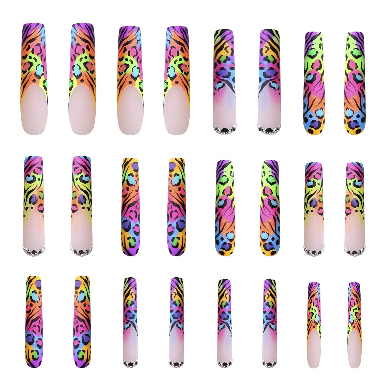 24 pcs of press-on nails with bright French tips and leopard prints in neon colors like blue, pink, green, orange, and purple, arranged in rows.
