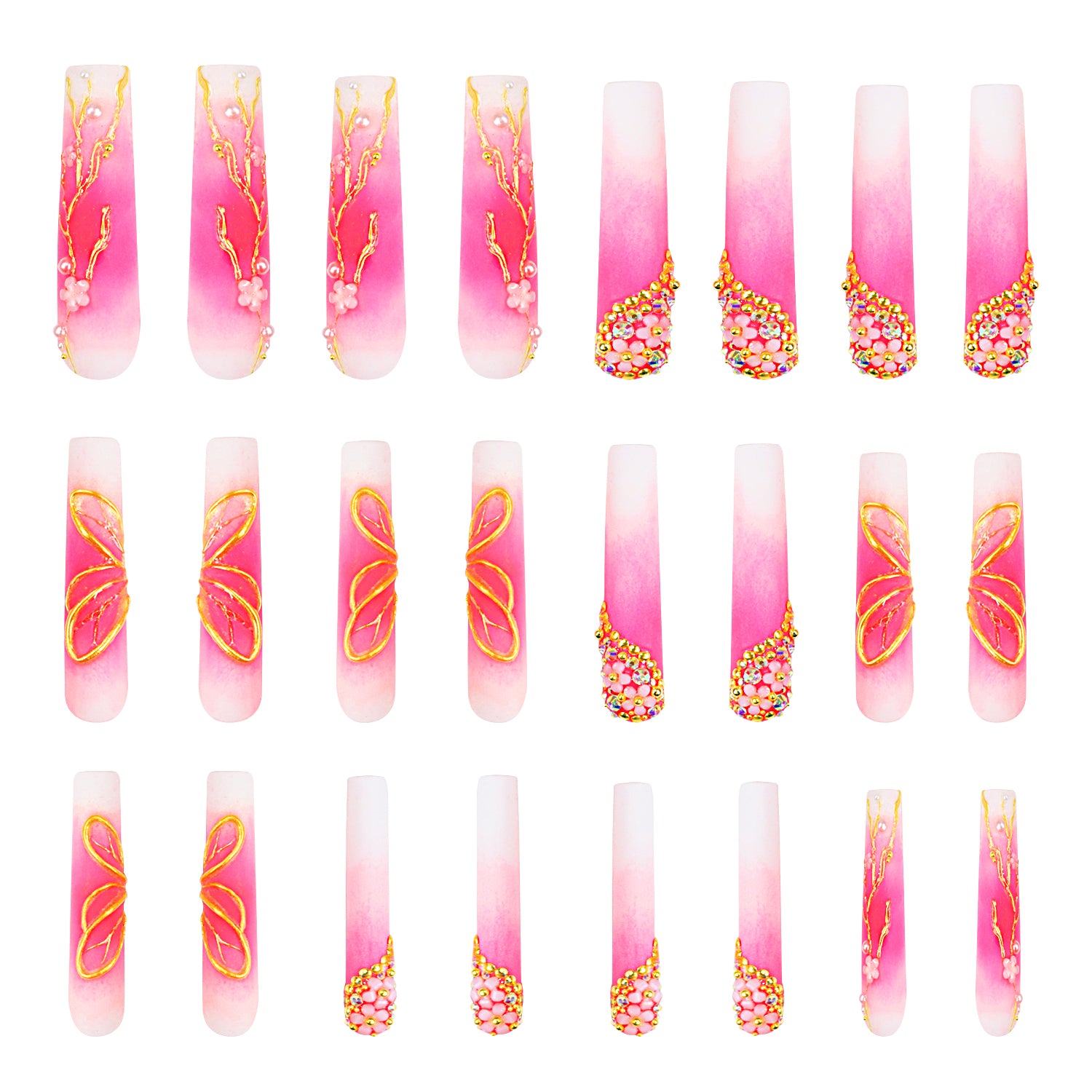 24-piece set of white base pink gradient press-on nails with golden cherry blossom branches and butterfly designs