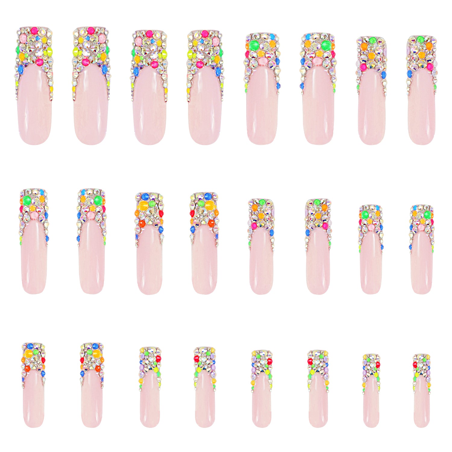 Lovful 'Jelly Bean' press-on nails, 24-pc set. Nude base with colorful beads on tips, arranged in three rows showing the variety of sizes.
