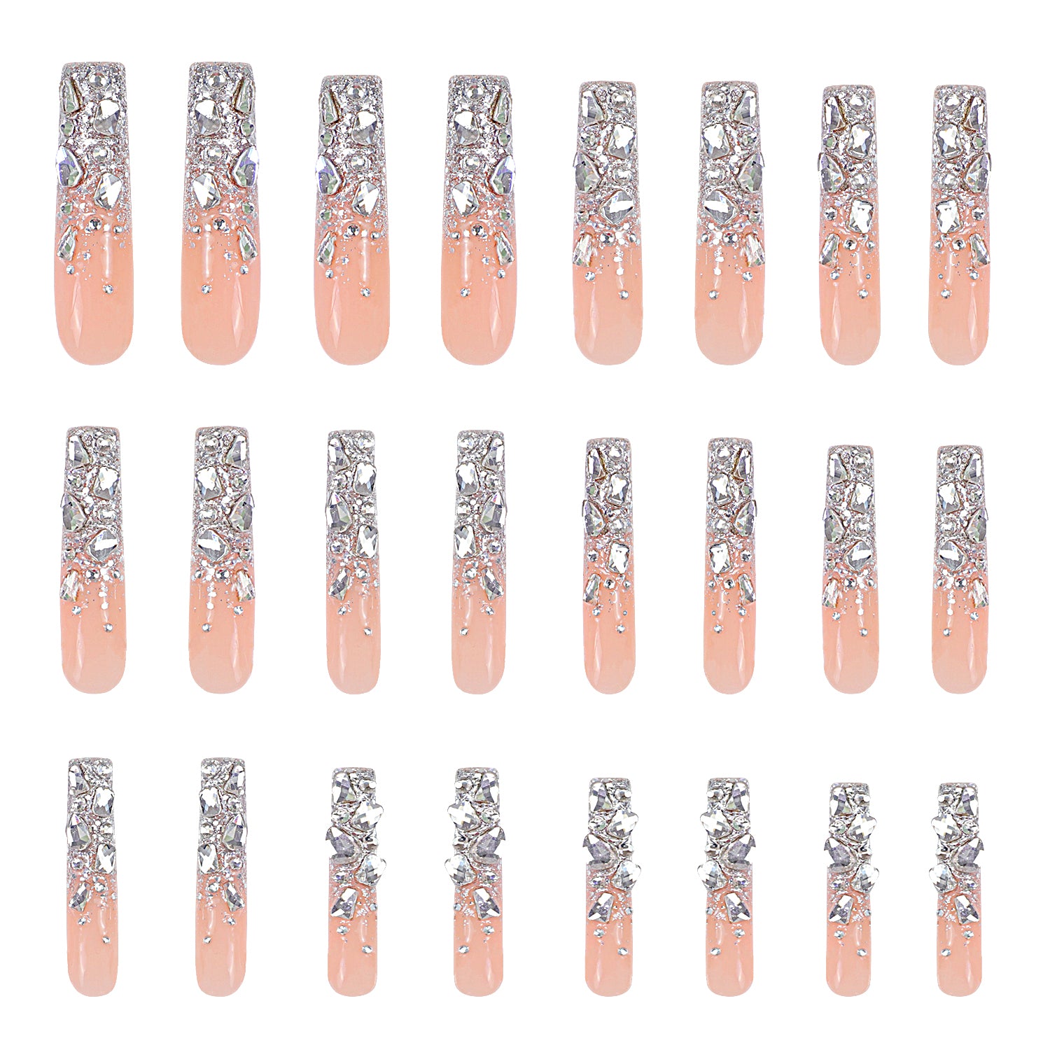 Set of 24 'Silver Wind' press-on acrylic nails with nude pink base, silver glitter tips, and rhinestones, available on Lovful.com