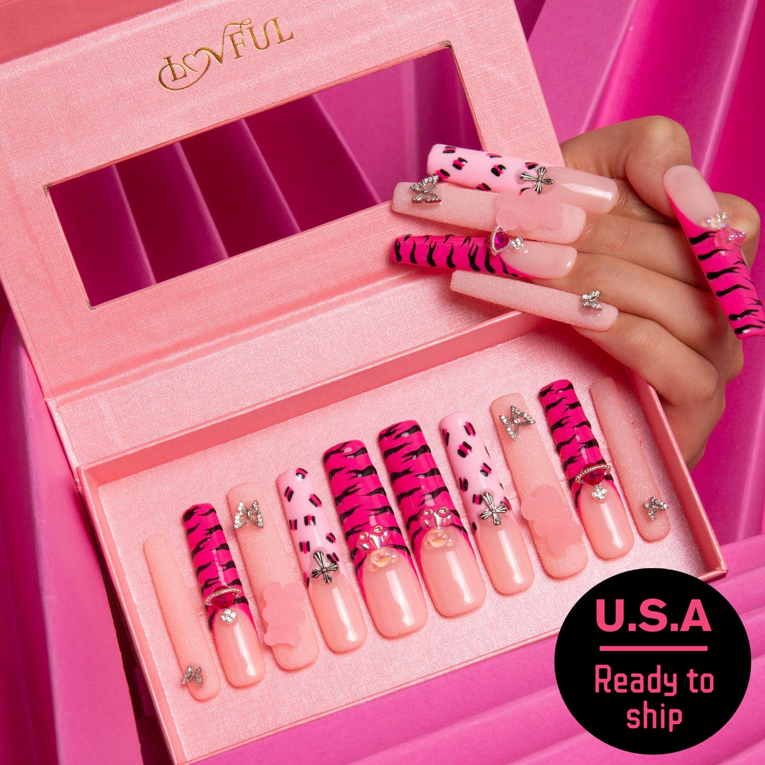 Safari Love Pink Press-On Nails - Ready to ship