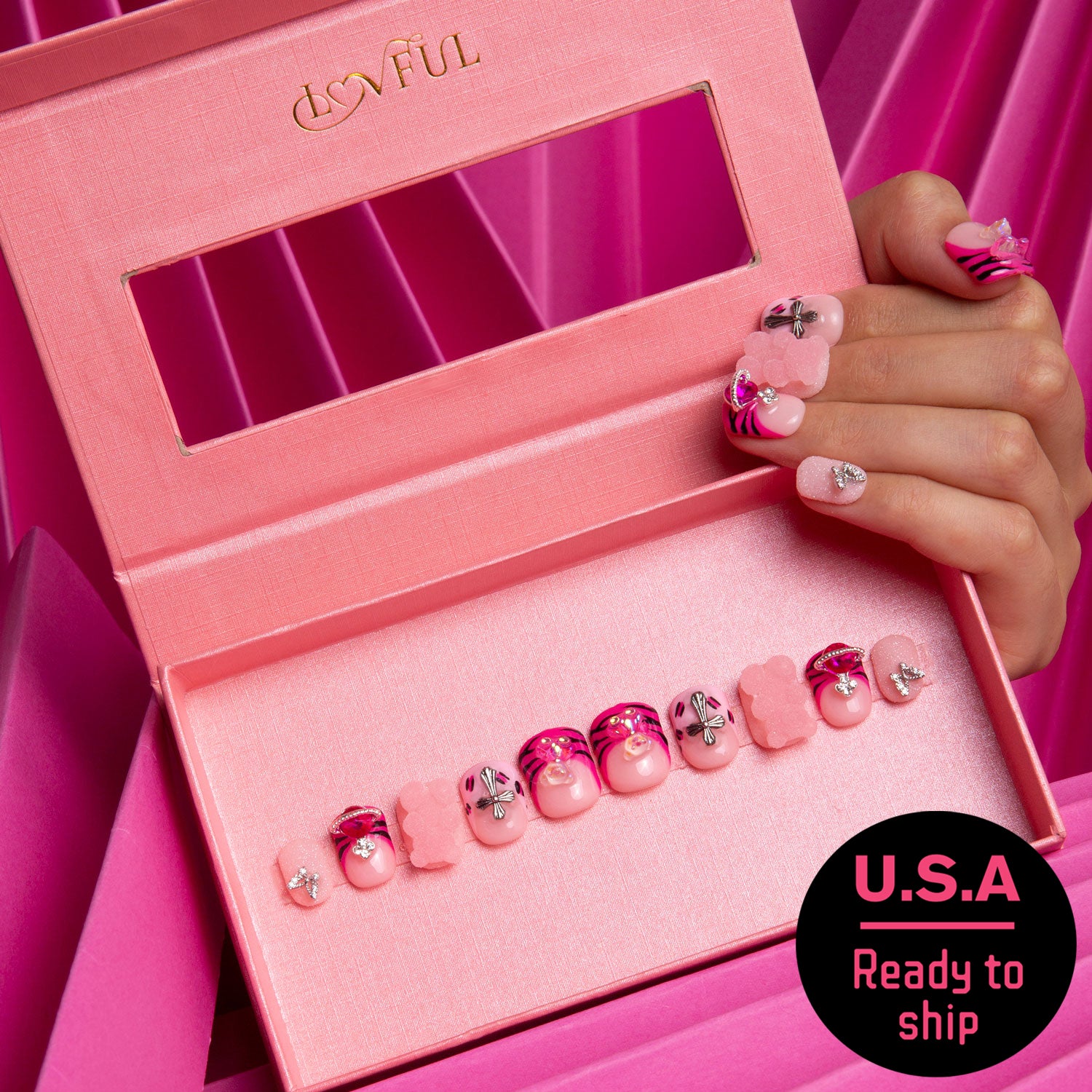 Safari Love pink press-on nails, ready to ship