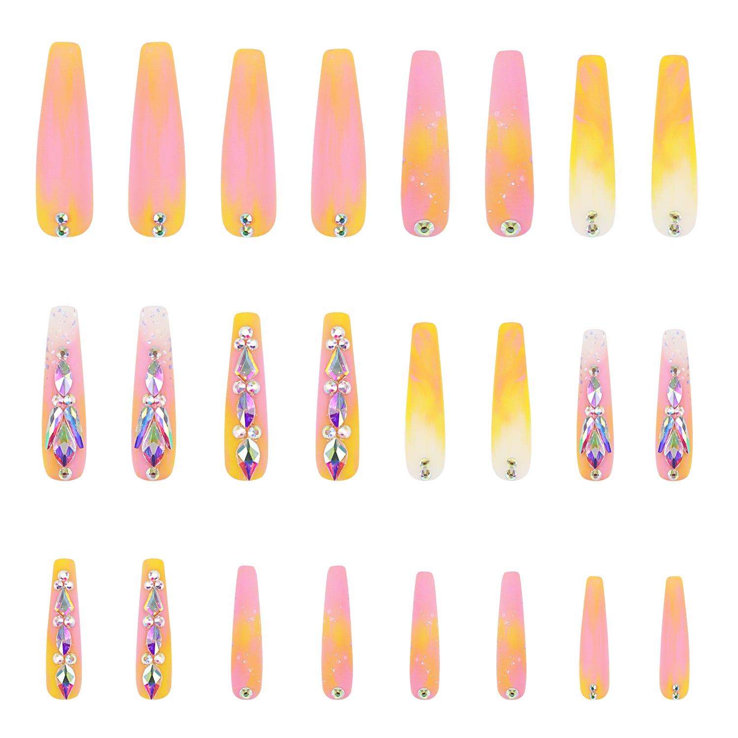 24-piece set of press-on acrylic nails with a sunset theme in orange and yellow tones, some decorated with radiant rhinestones