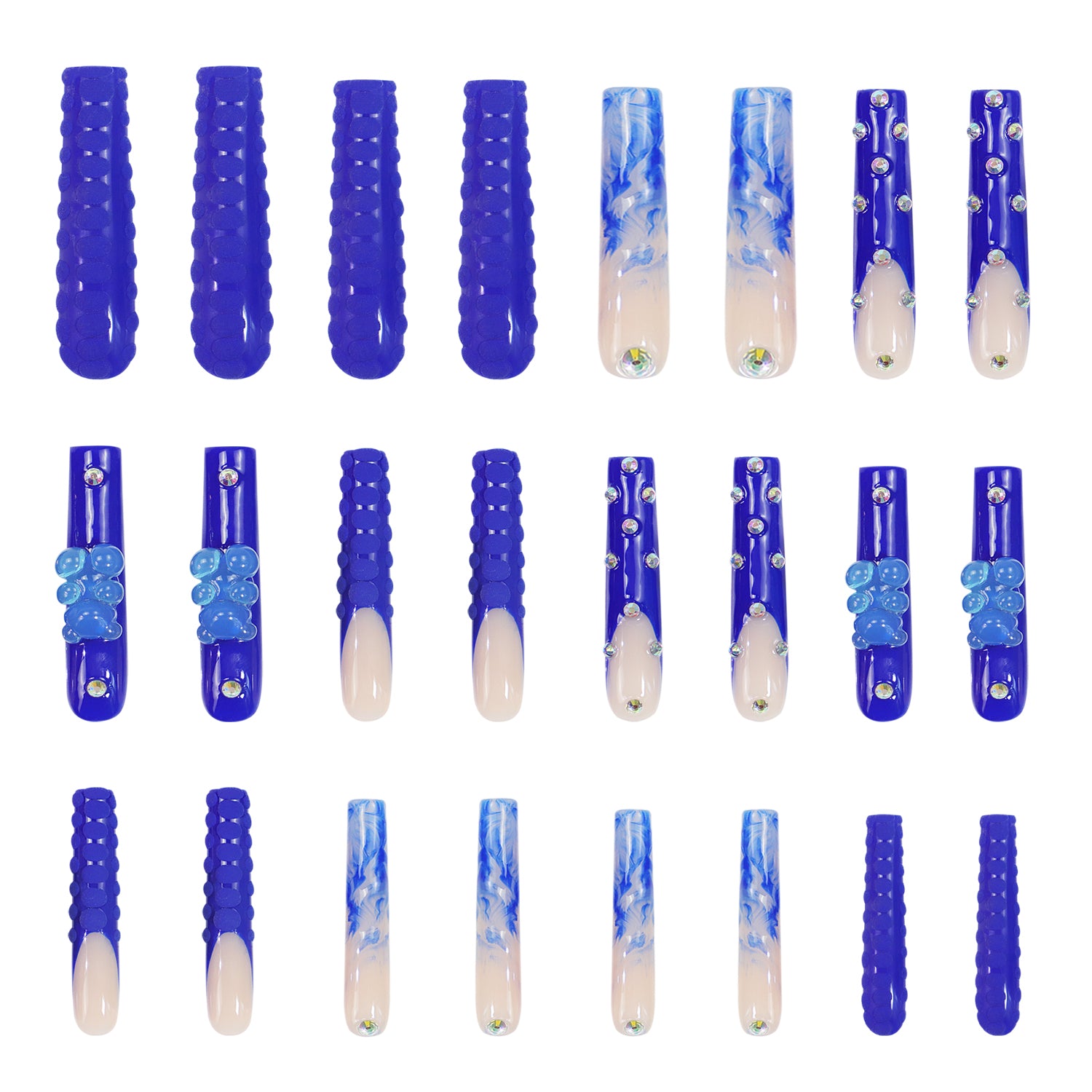 24 Little Blue Bear Rhinestone French tip nails with blue hue, gummy bear decorations, rhinestones, and 3D dots from Lovful.com