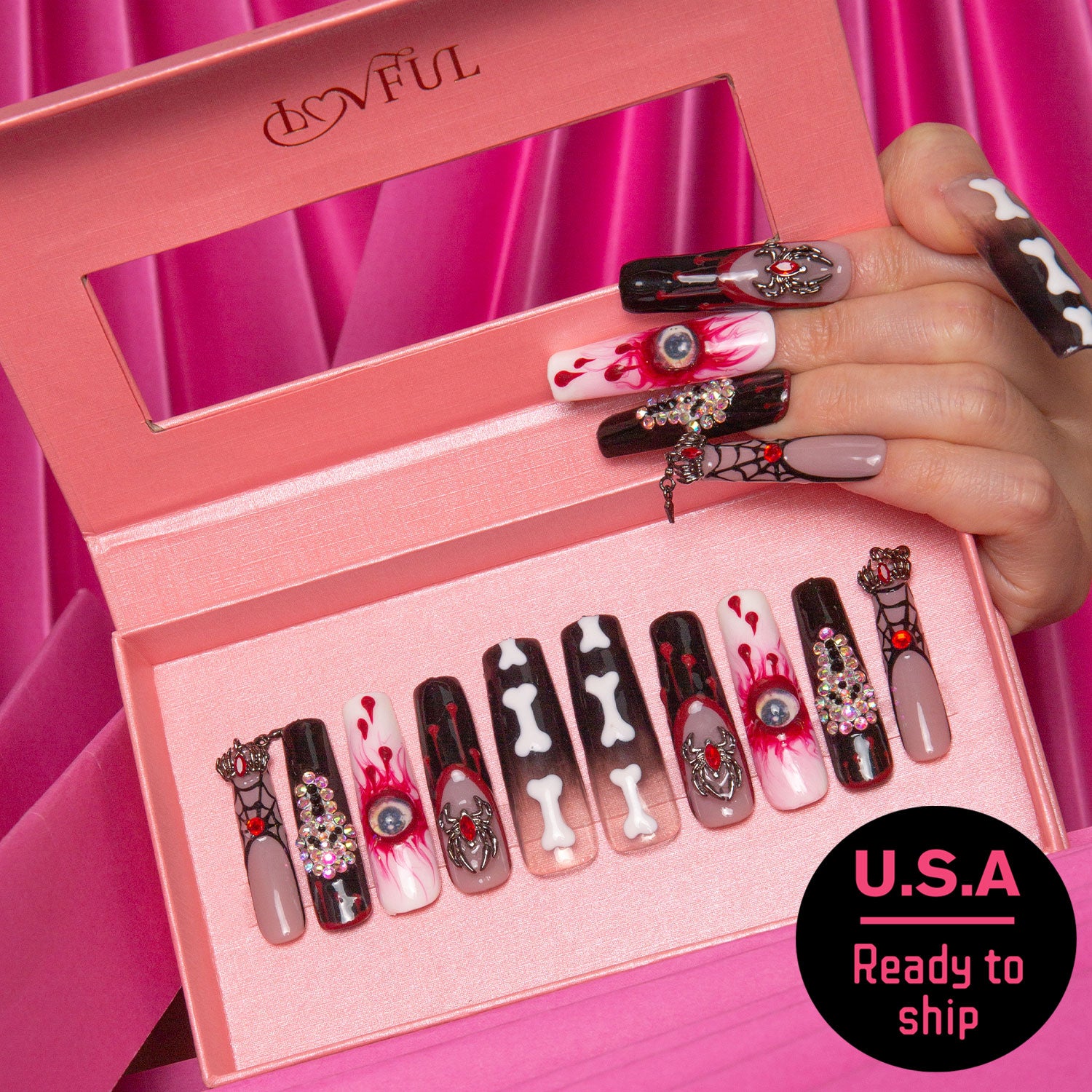 Final Destination spooky press-on nails with eyeballs, spiderwebs, and bone details. Ready to ship.