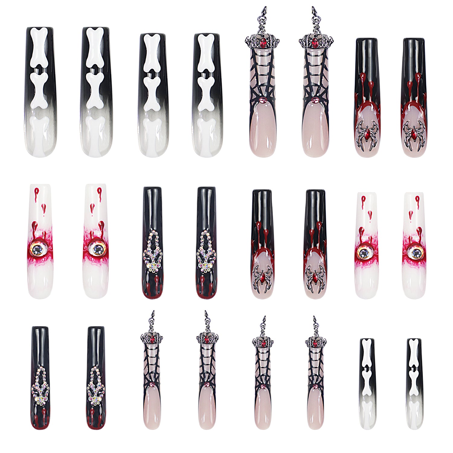 Set of 24 Halloween-themed press-on acrylic nails featuring black and white bones, corset lacing, creepy eyes, and red and black hues; ideal for a spooky manicure.