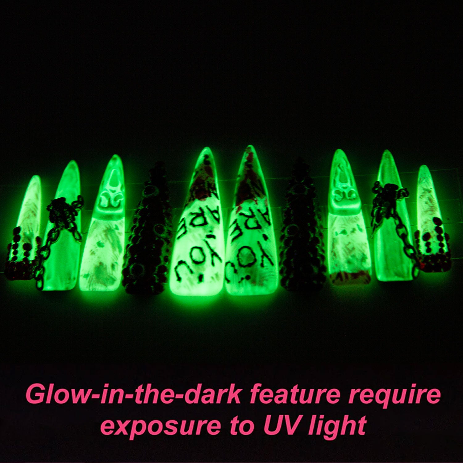Glow-in-the-dark stiletto nails, YOU ARE NEXT design, Halloween press-on nails