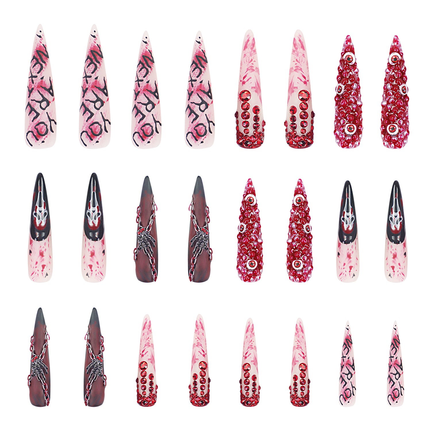 24-piece 'You Are Next' press-on nail set by Lovful. Includes ghostface design, eerie blood-red eyes, and blood-splattered patterns, perfect for a spooky Halloween manicure.