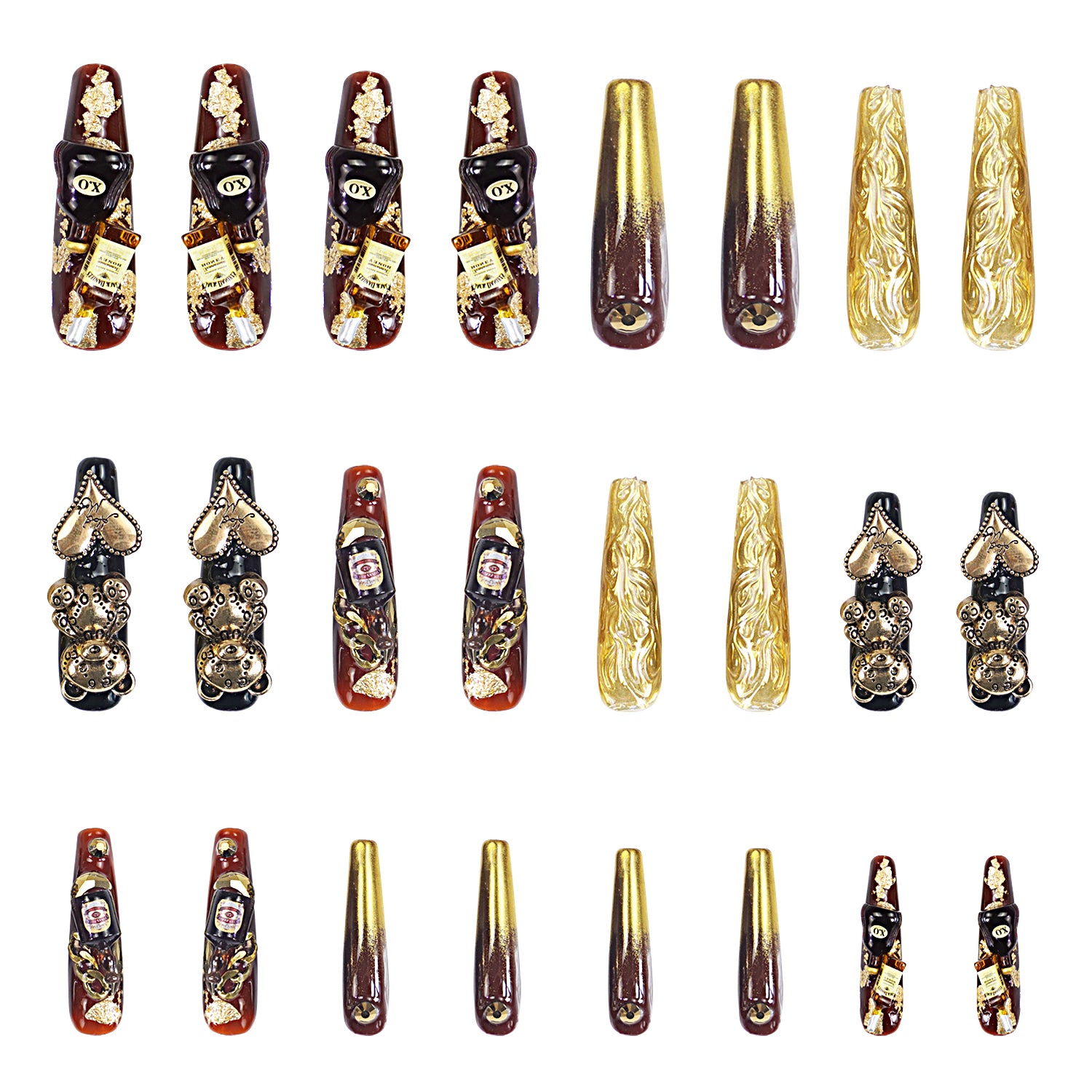 24-piece set of 'Casino Party' Press-On Nails featuring black and gold designs with bear and heart-shaped gems, and wine bottle charms for a glamorous casino-themed look.