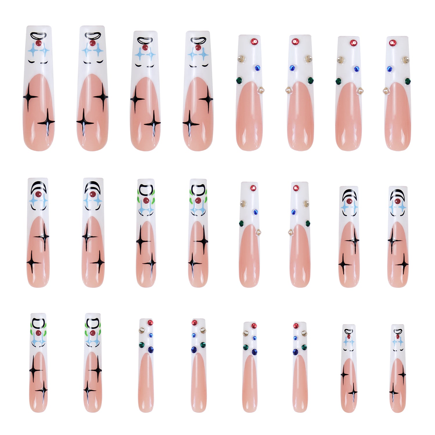 Set of 24 circus clown-themed press-on acrylic nails with playful clown faces, colorful dots, and Classic French Tip designs with black star-like patterns. Perfect for adding a fun and whimsical touch.