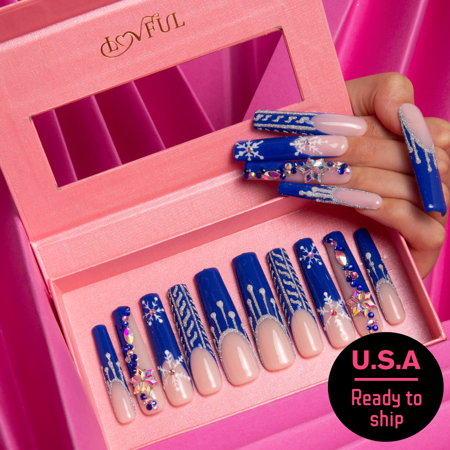 Snow Waltz Blue French Tip Press-On Nails, Ready to Ship
