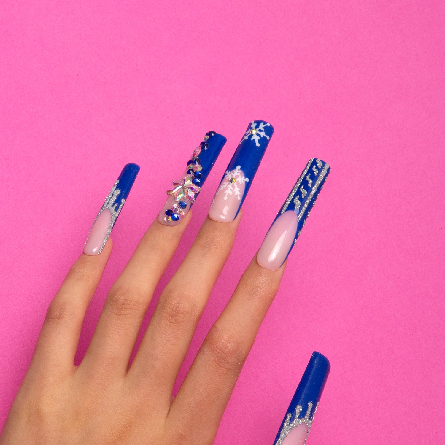 Snow Waltz Blue French Tip Press-On Nails with snowflakes, square shape