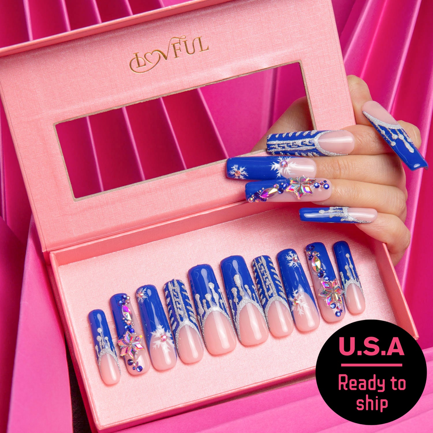 Snow Waltz Blue French Tip Press-On Nails with Snowflake Design