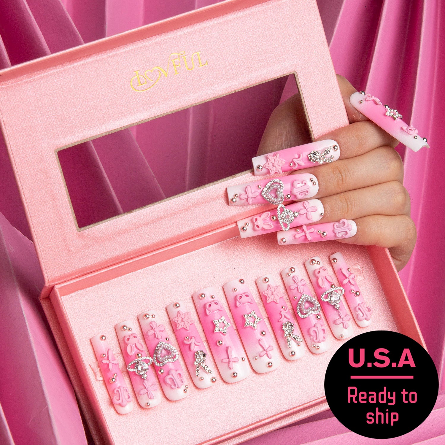 Pink Bliss Blush Handmade Square Nails H141 RTS - Lovful.com