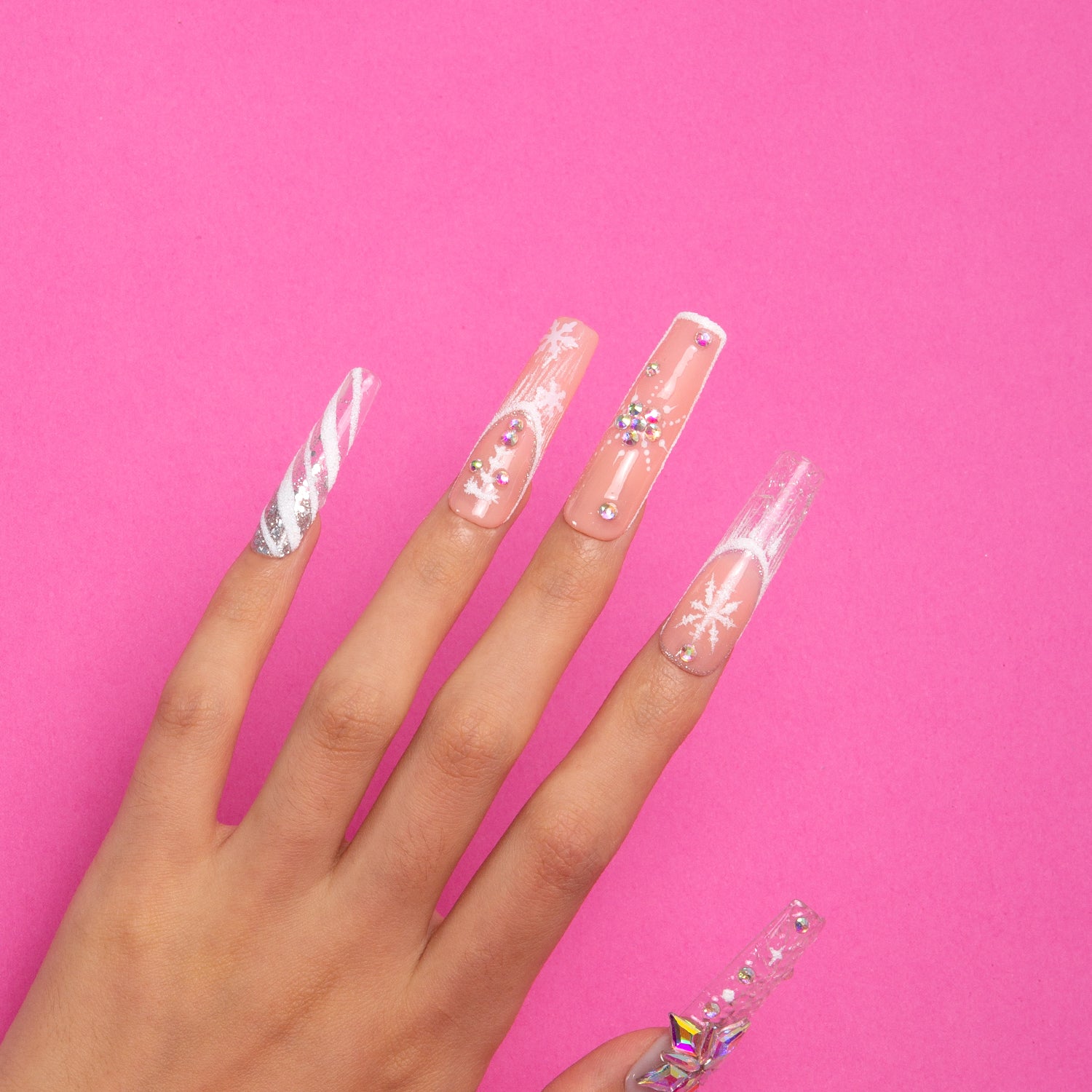 Snowy Moonlight Press-On Nails, Square Shape, Winter Design