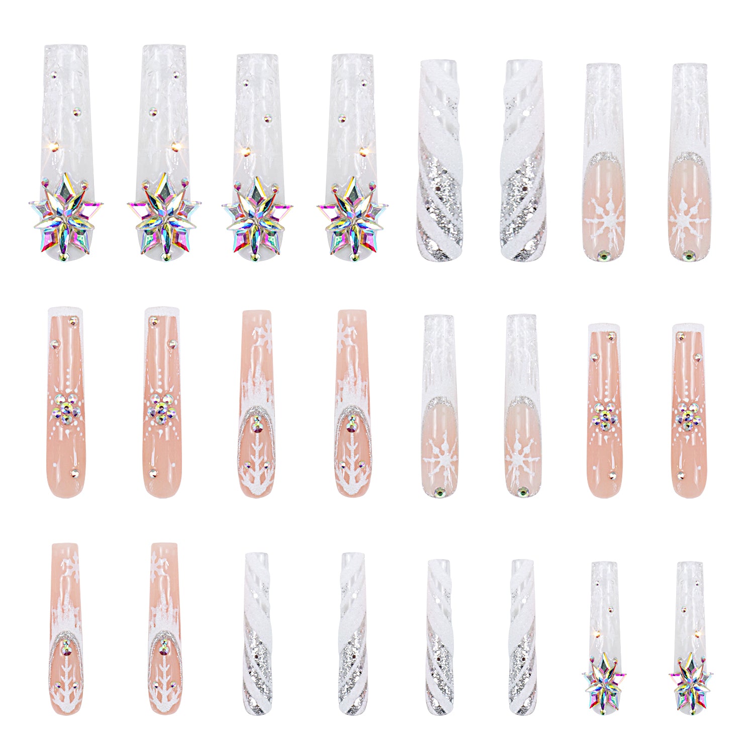 Set of 24 Lovful Snowy Moonlight press-on nails featuring glistening snowflake designs, pristine white color, sparkly accents, and gem embellishments.