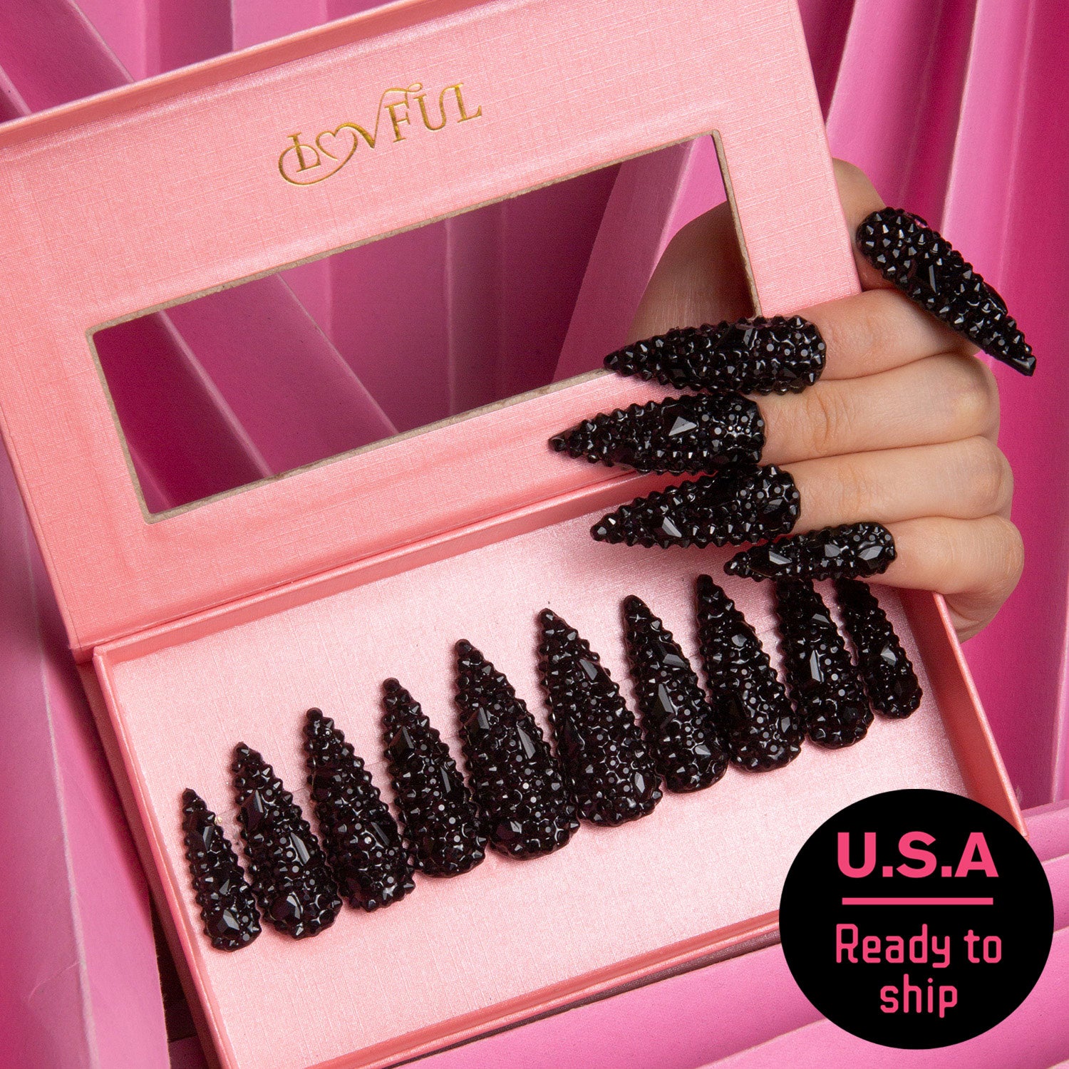 Classic Black Rhinestone Handmade Stiletto Nails H146 RTS
