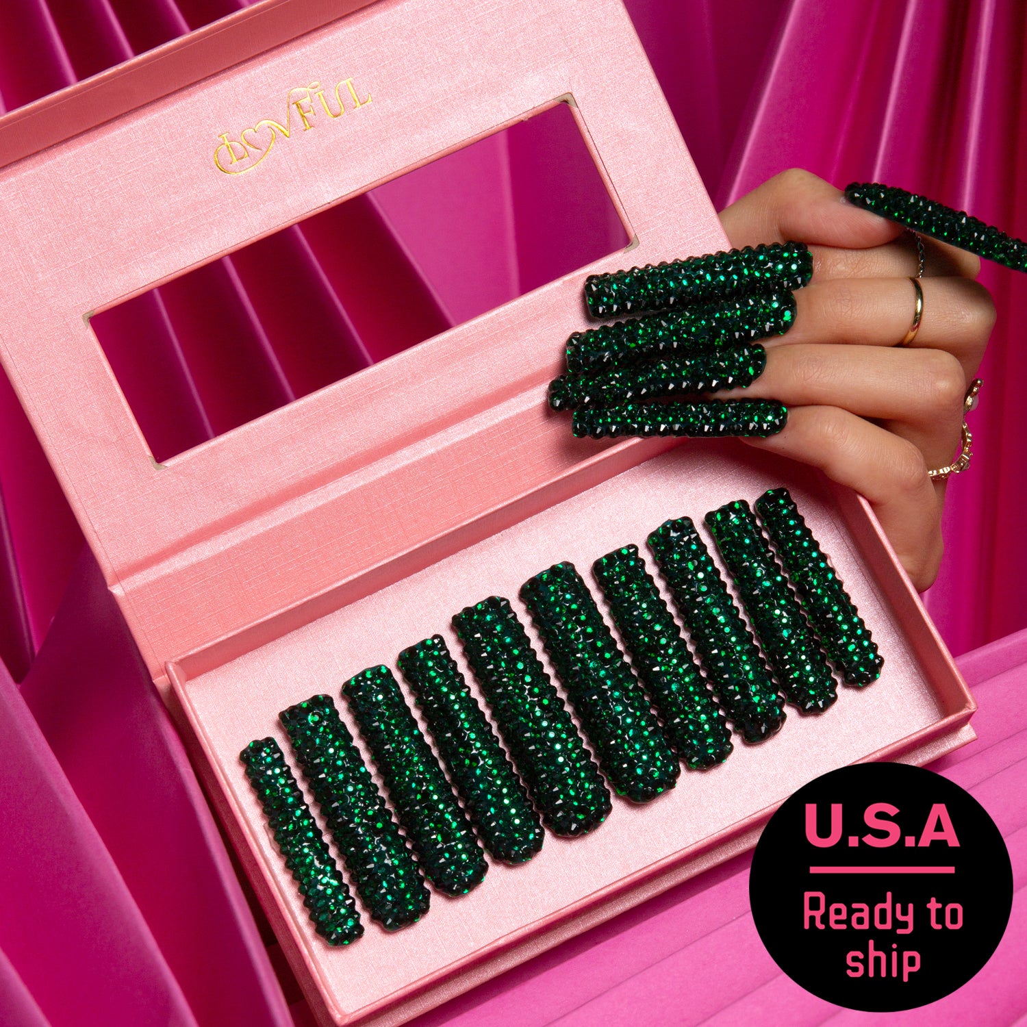 Classic Green Rhinestone Press-On Nails Ready to Ship