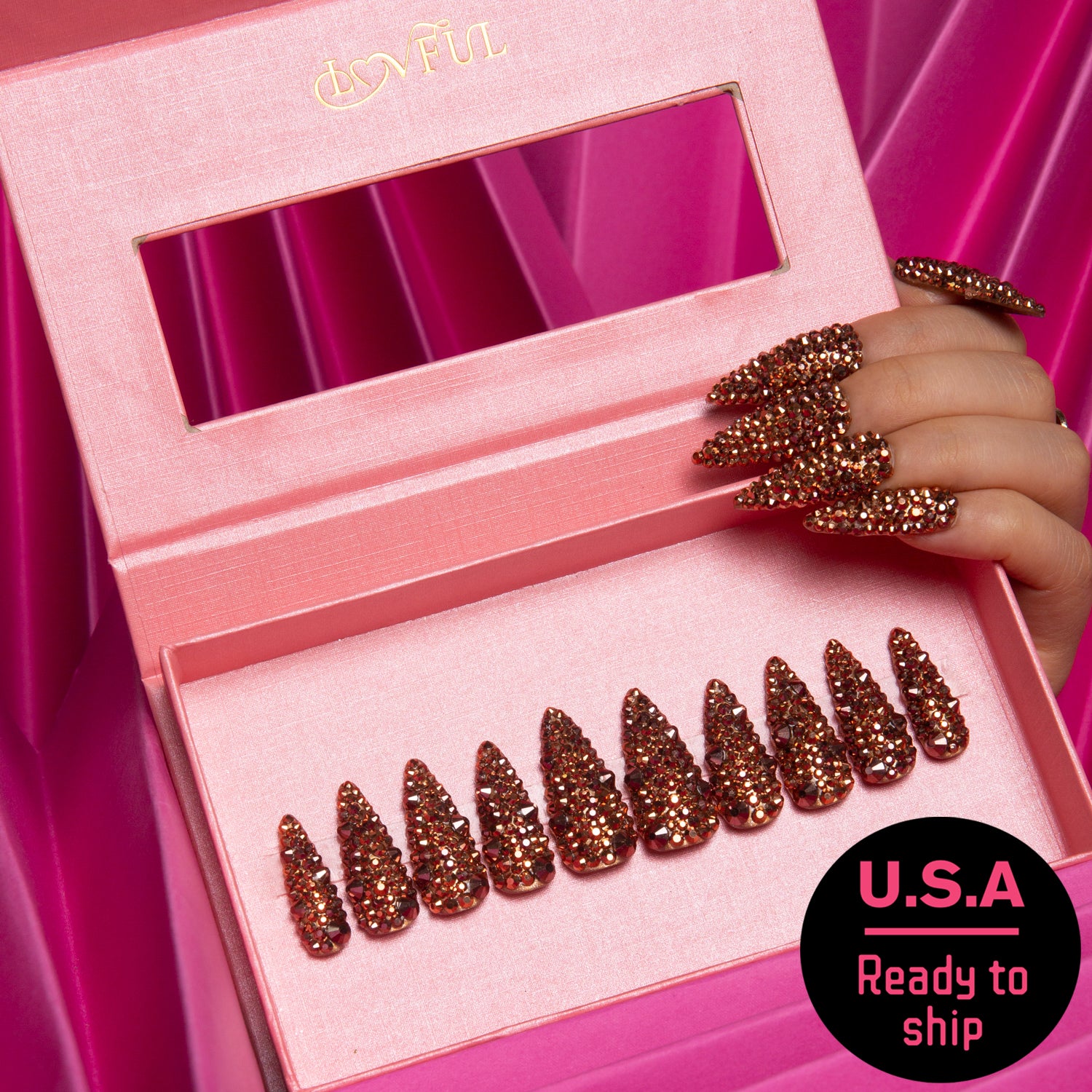 Classic Golden Rhinestone Handmade Stiletto Nails H148 RTS