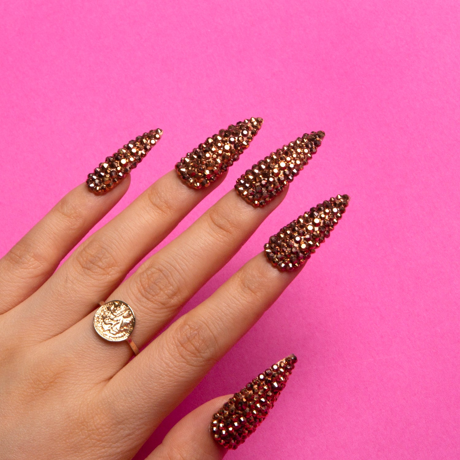 Classic Golden Rhinestone Handmade Stiletto Nails H148 RTS