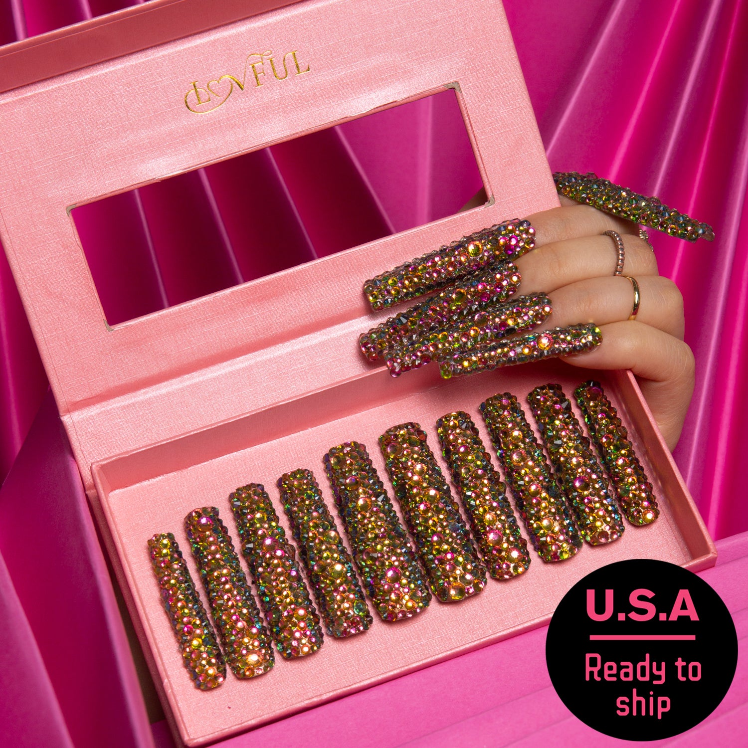 Classic Rhinestone Handmade Square Nails - Ready to Ship