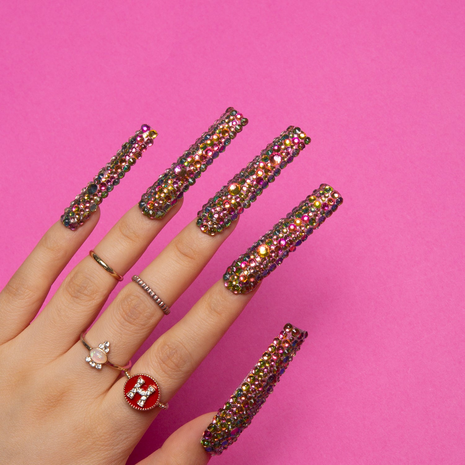 Rhinestone press-on nails, square shape, shimmering design