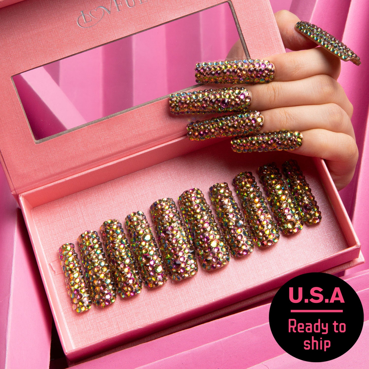 Handmade Rhinestone Square Nails Ready to Ship - Lovful.com