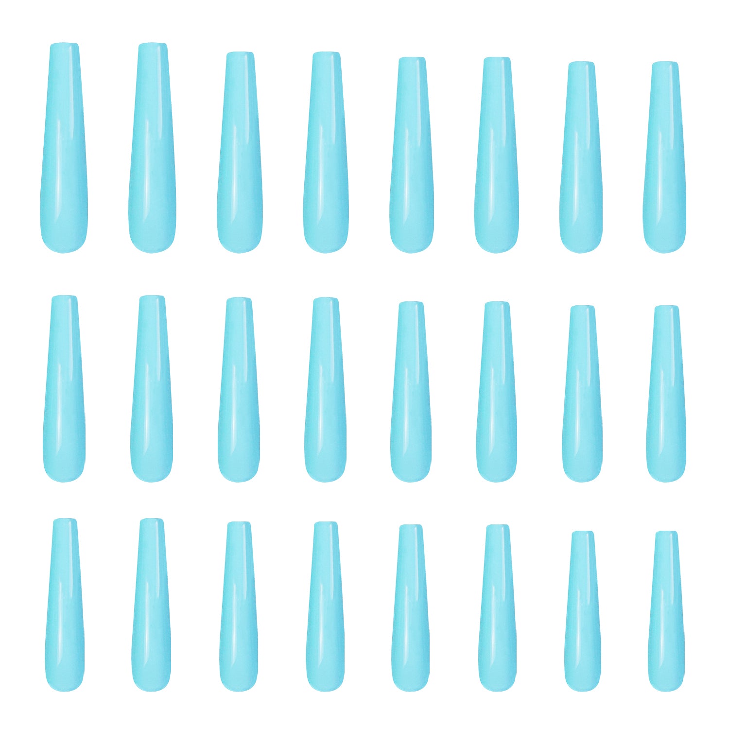 Set of 24 shiny light blue press-on nails arranged in rows, resembling the clear blue of a seaside getaway. Perfect for embracing vacation vibes.