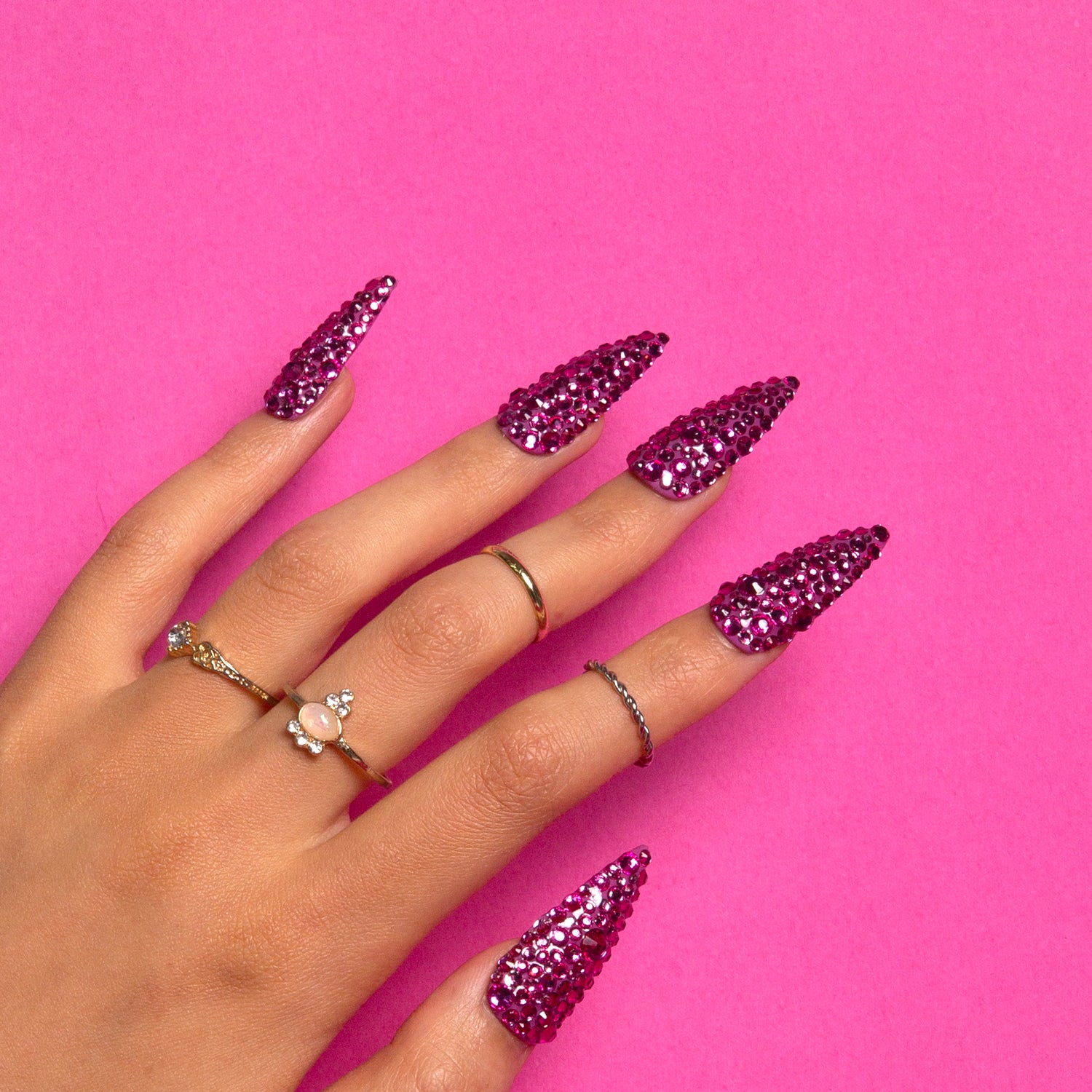 Classic Pink Rhinestone Handmade Stiletto Nails H150 RTS