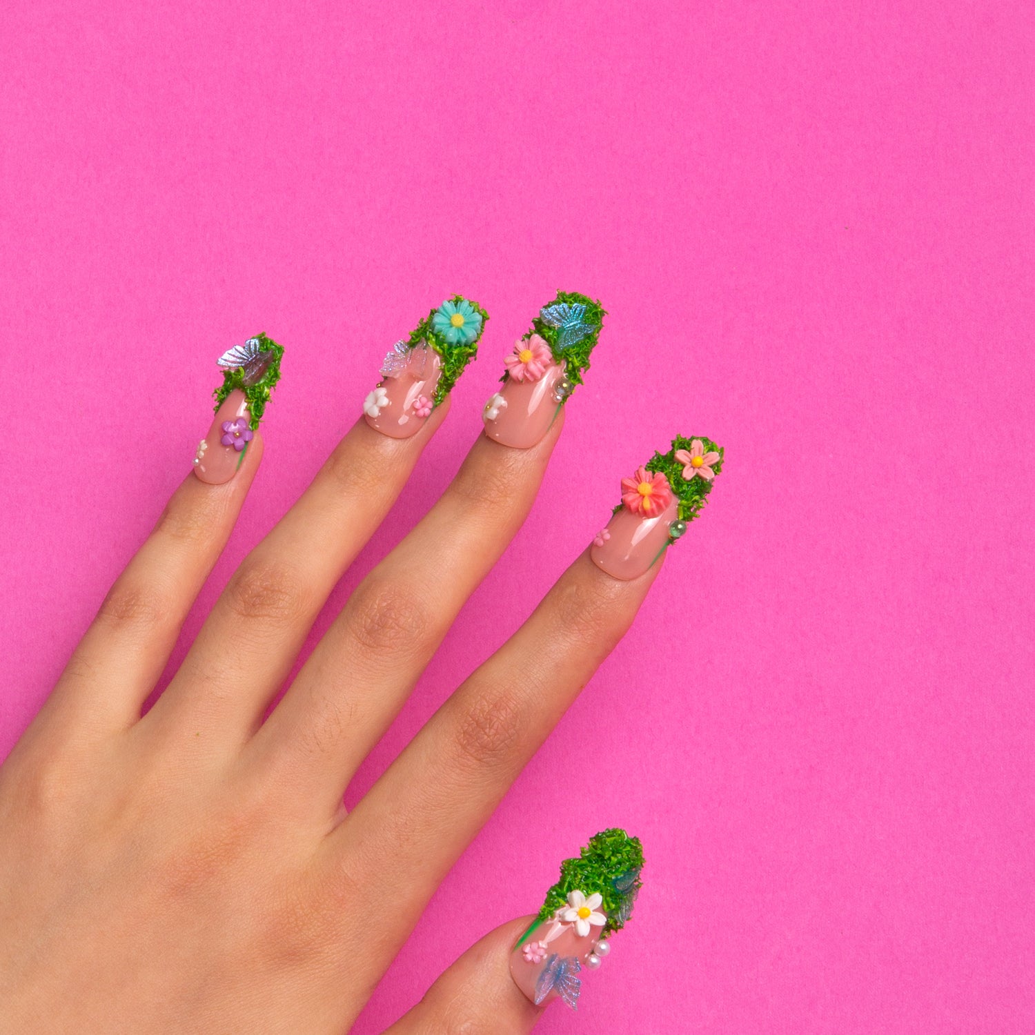 Fairy Tale Garden French Tip Handmade Coffin Nails H151 RTS