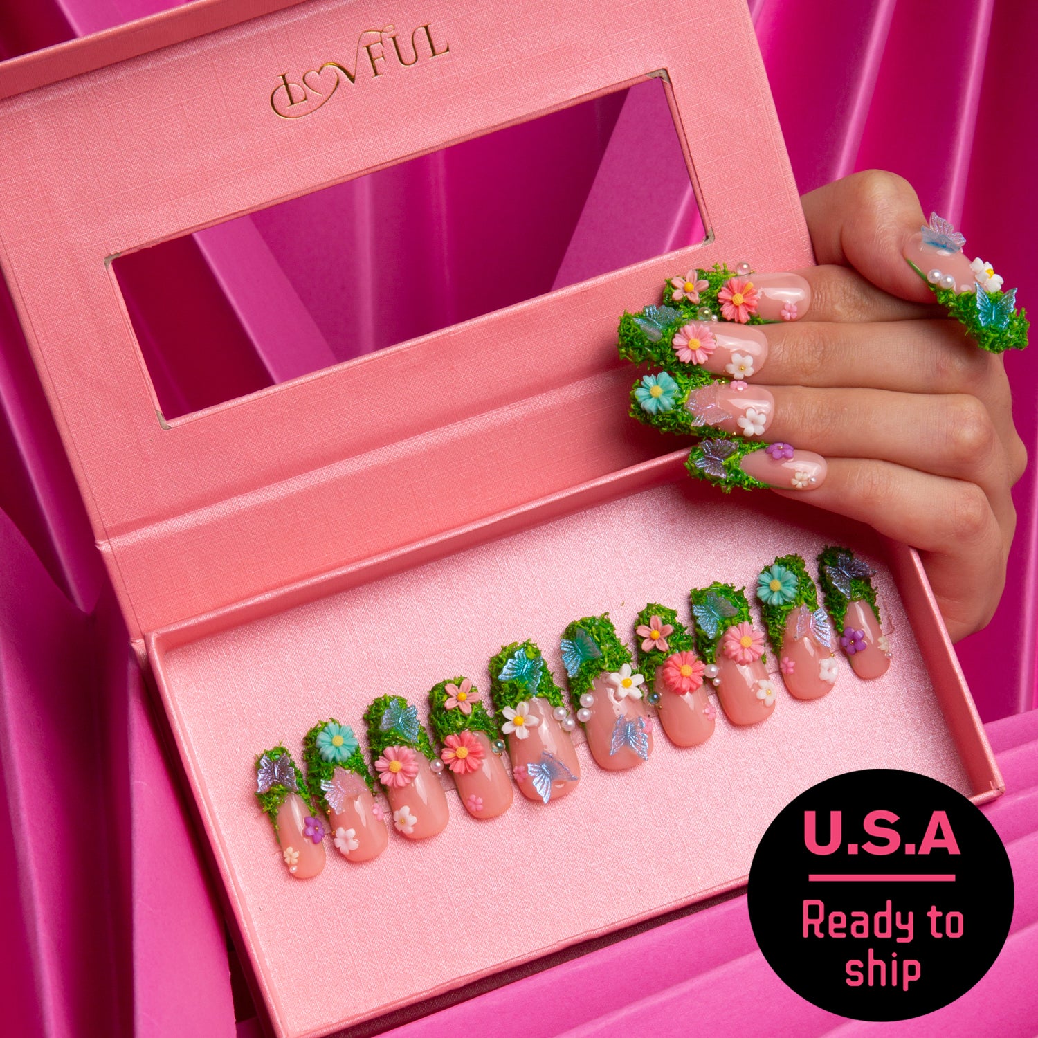 Fairy Tale Garden French Tip Handmade Coffin Nails H151 RTS