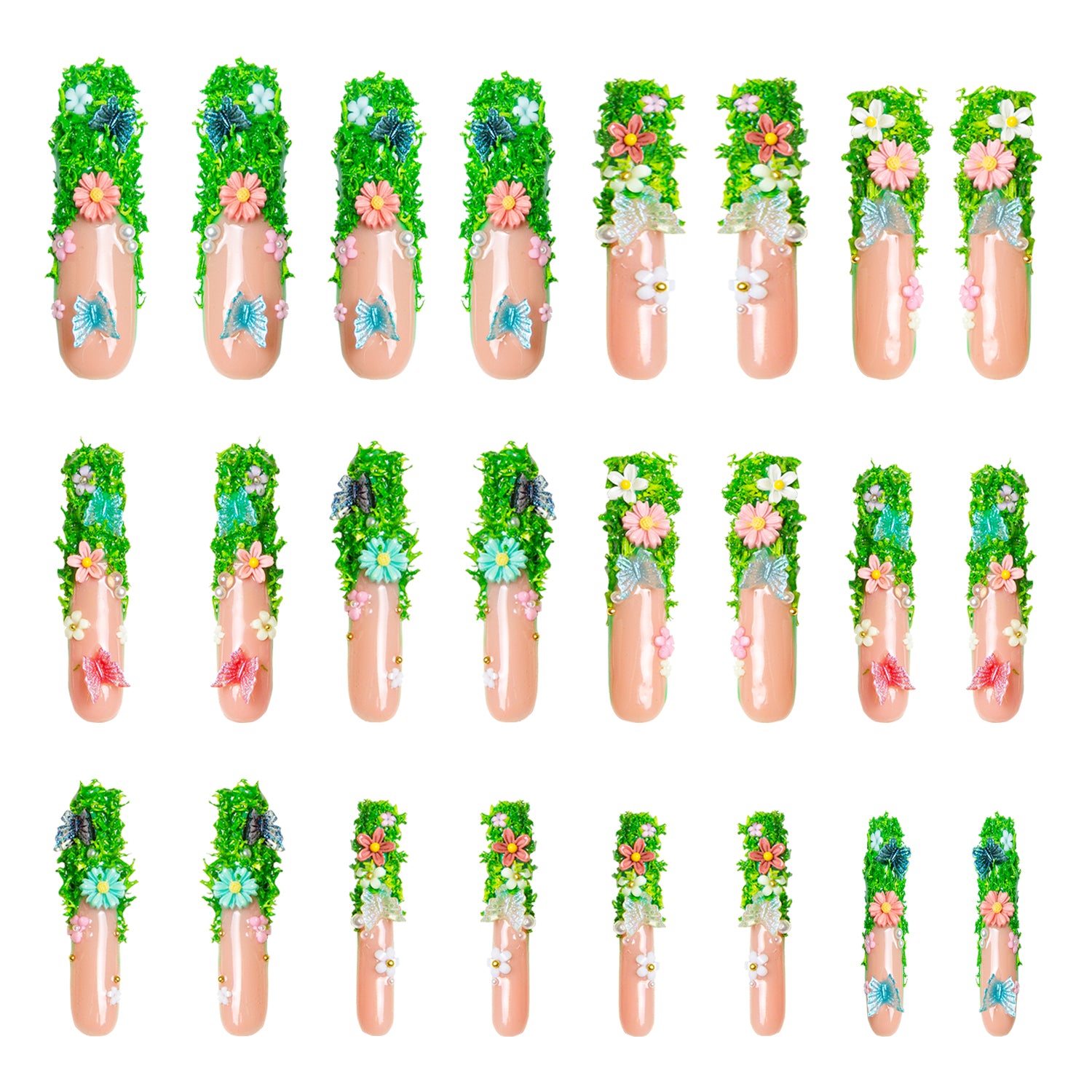 Fairy Tale Garden French Tip Handmade Nails 24pcs H151