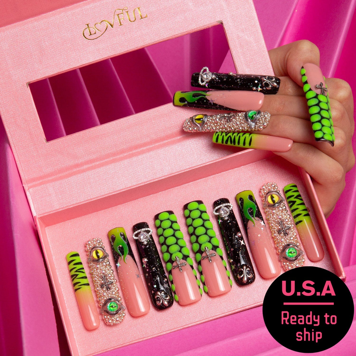 Dare To Roar French Tip Handmade Square Nails H153 Rts S / Long
