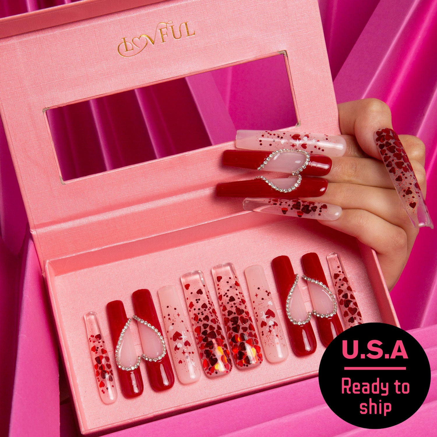 Valentine's Day Red Press-On Nails with Hearts | Lovful.com