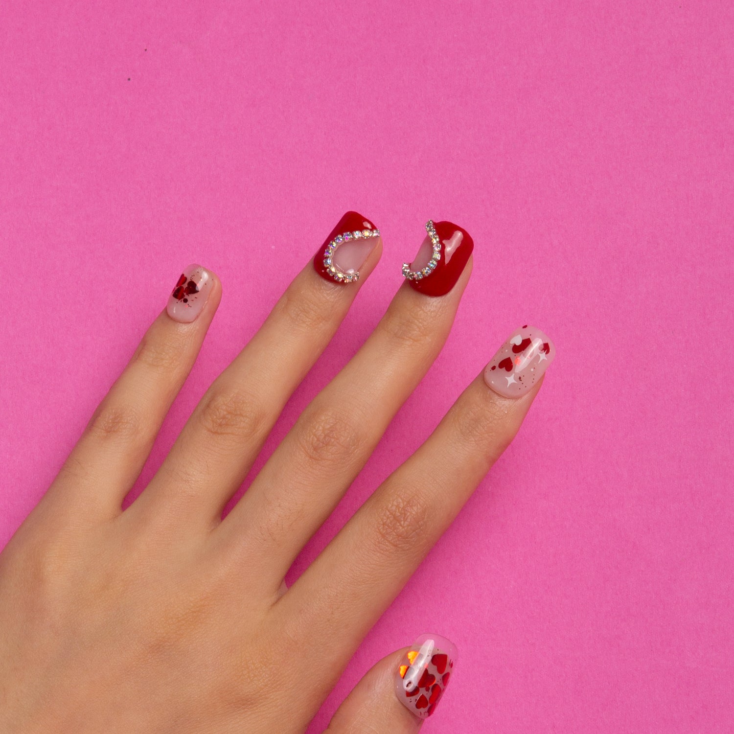Valentine's Day Red Rhinestone Press-On Nails