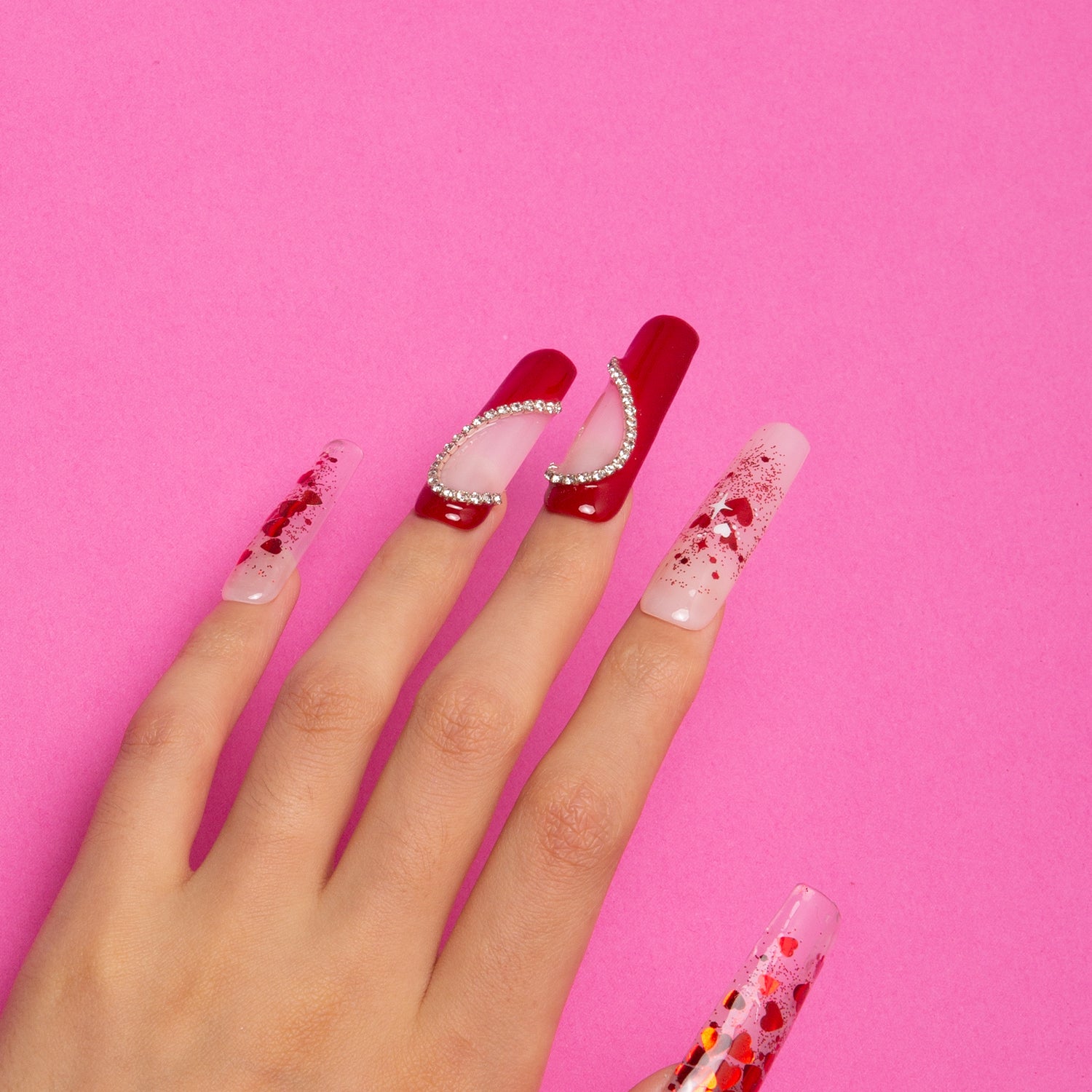 Valentine's Day Red Rhinestone Press-On Nails