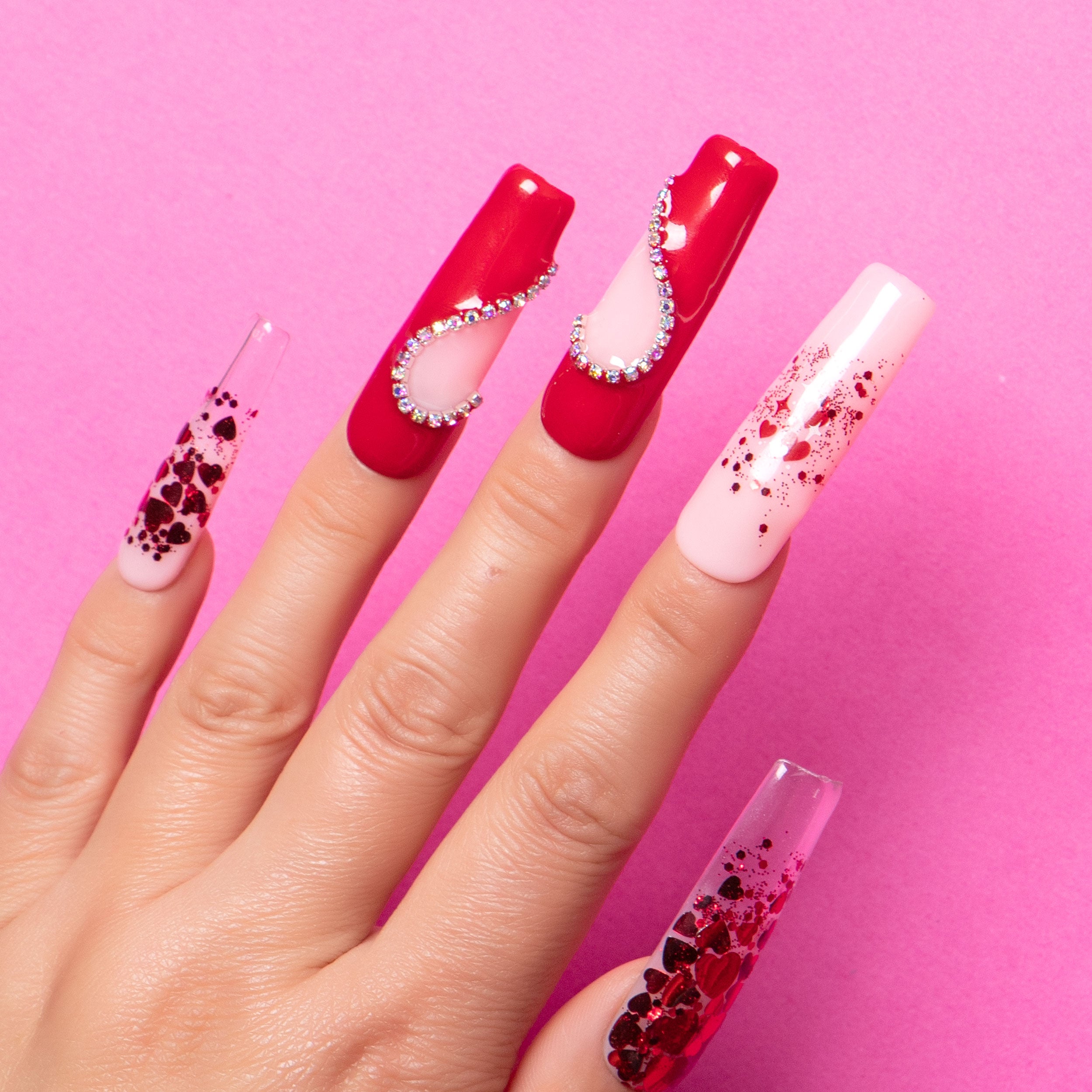 Valentine's Day Press-On Nails, Red Rhinestone and Heart Design