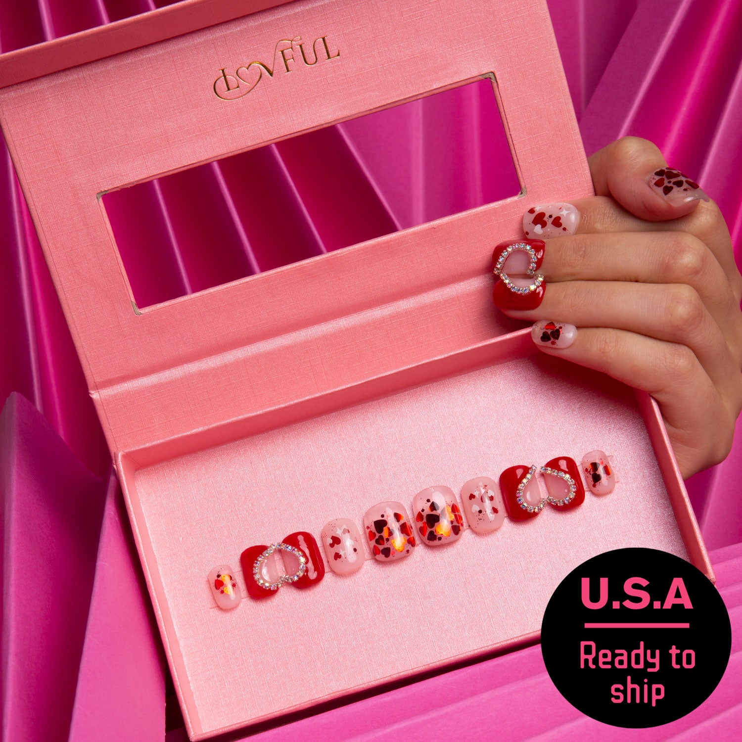 Valentine's Day Red Heart Rhinestone Press-On Nails