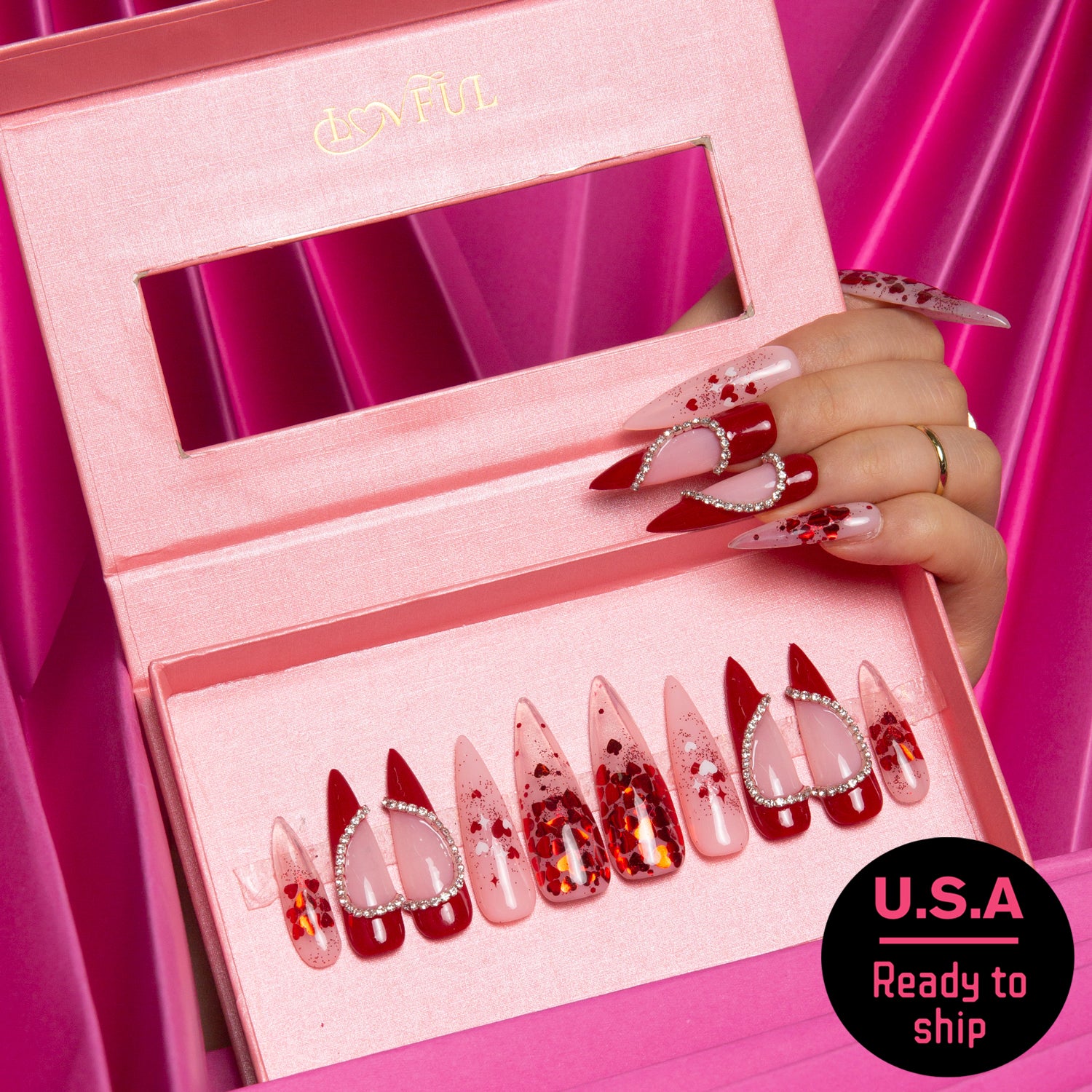 Valentine's Day red stiletto press-on nails with rhinestones - Ready to Ship