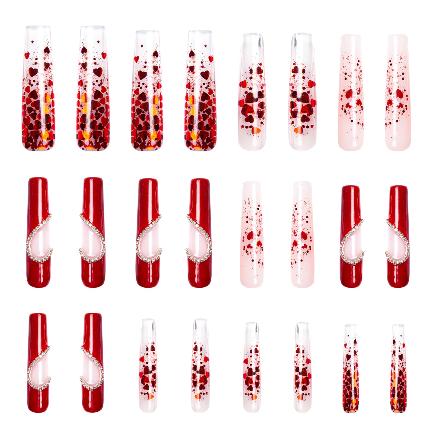 Valentine's Day Press-On Nails - Red heart design and Rhinestone