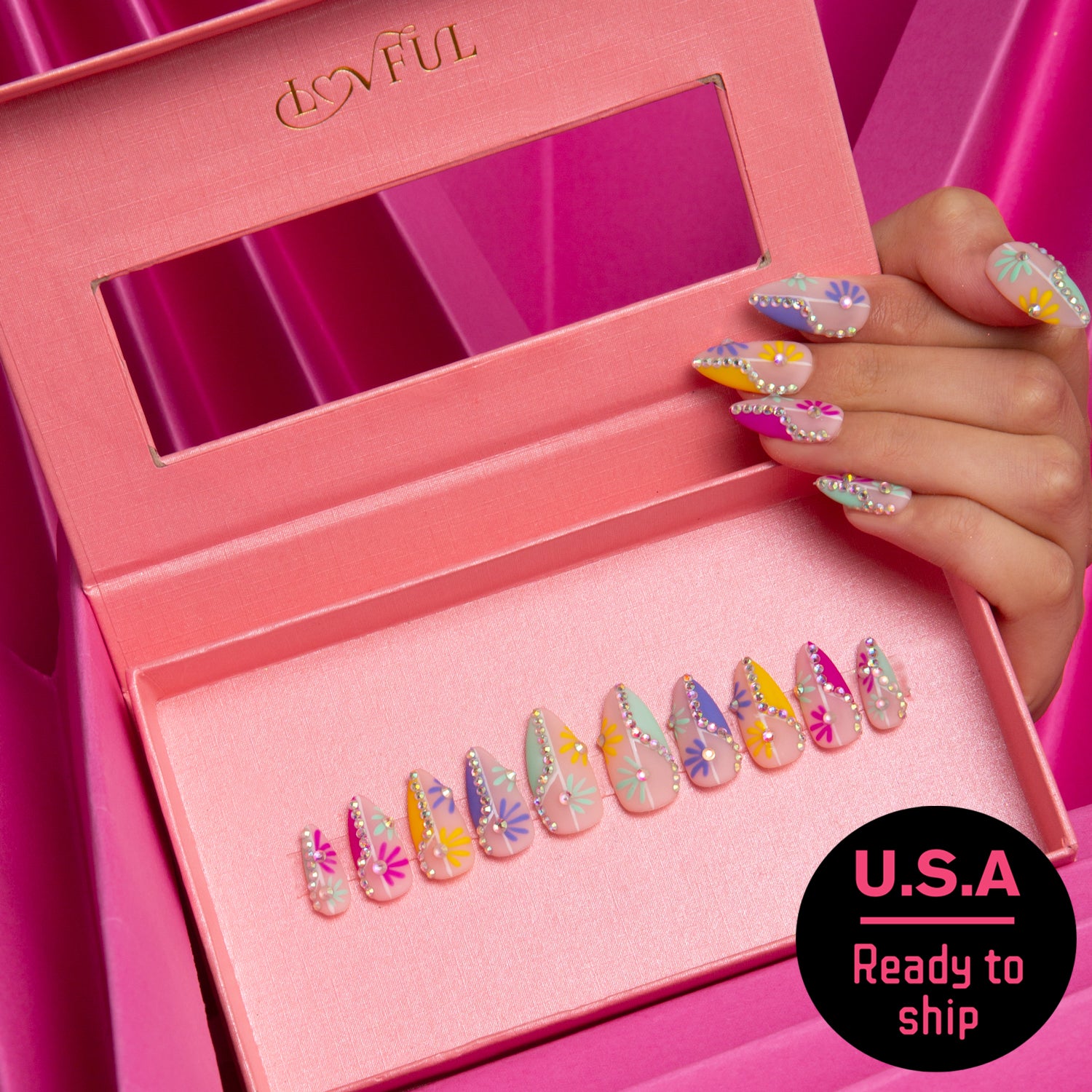 Wild Blooming French Tip Handmade Almond Nails H156 RTS