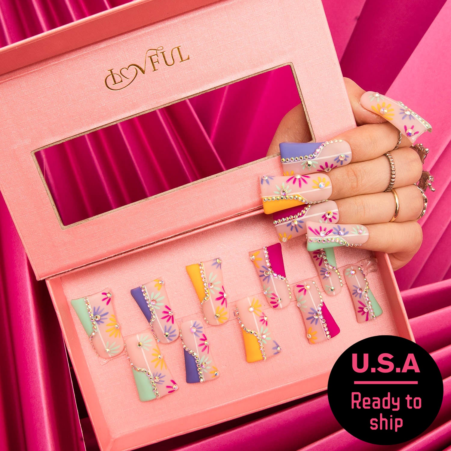 Wild Blooming French Tip Duck Nails with floral design, ready to ship