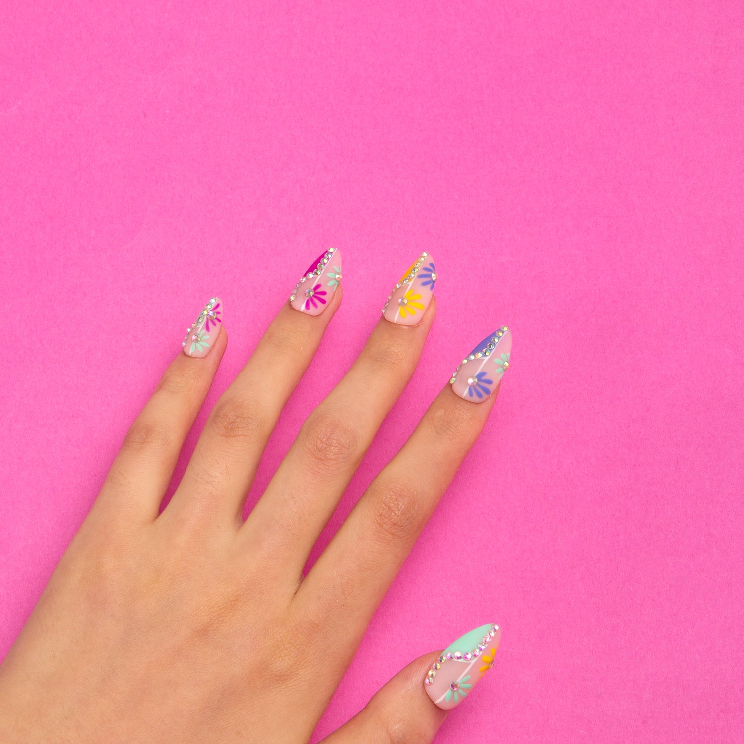 Wild Blooming French Tip Handmade Almond Nails H156 RTS