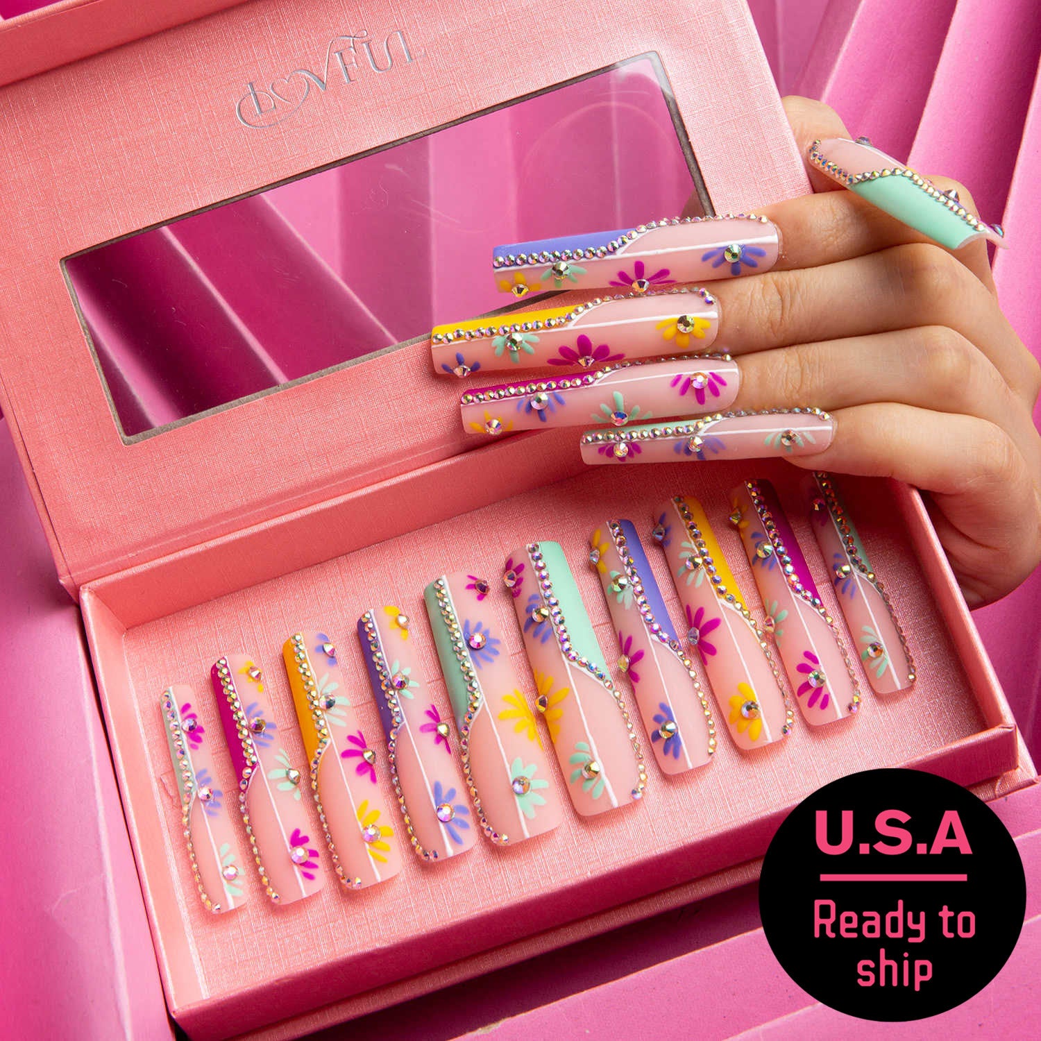 Wild Blooming French Tip Press On Nails, Ready to Ship