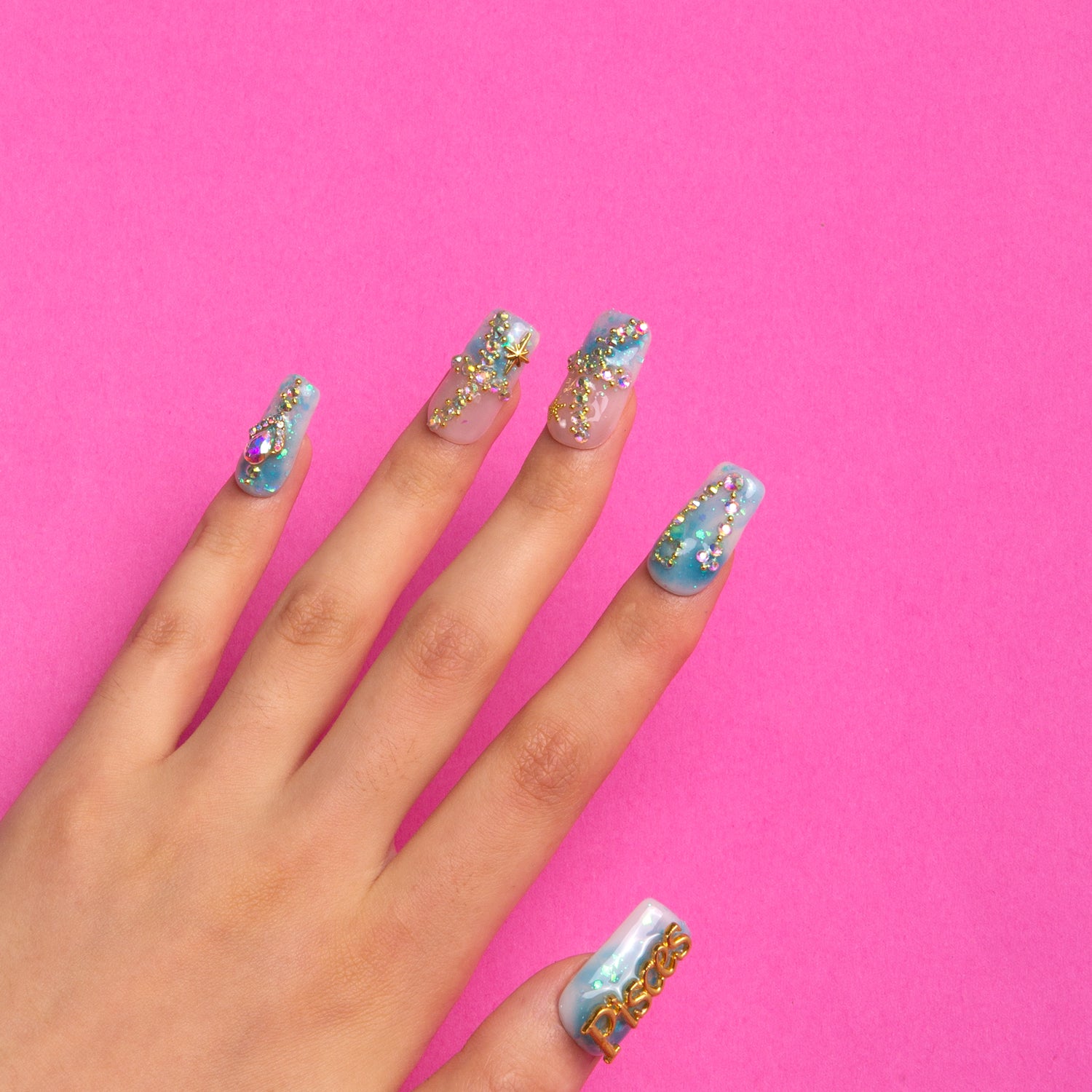 Pisces Blue Square Press-on Nails with Rhinestones