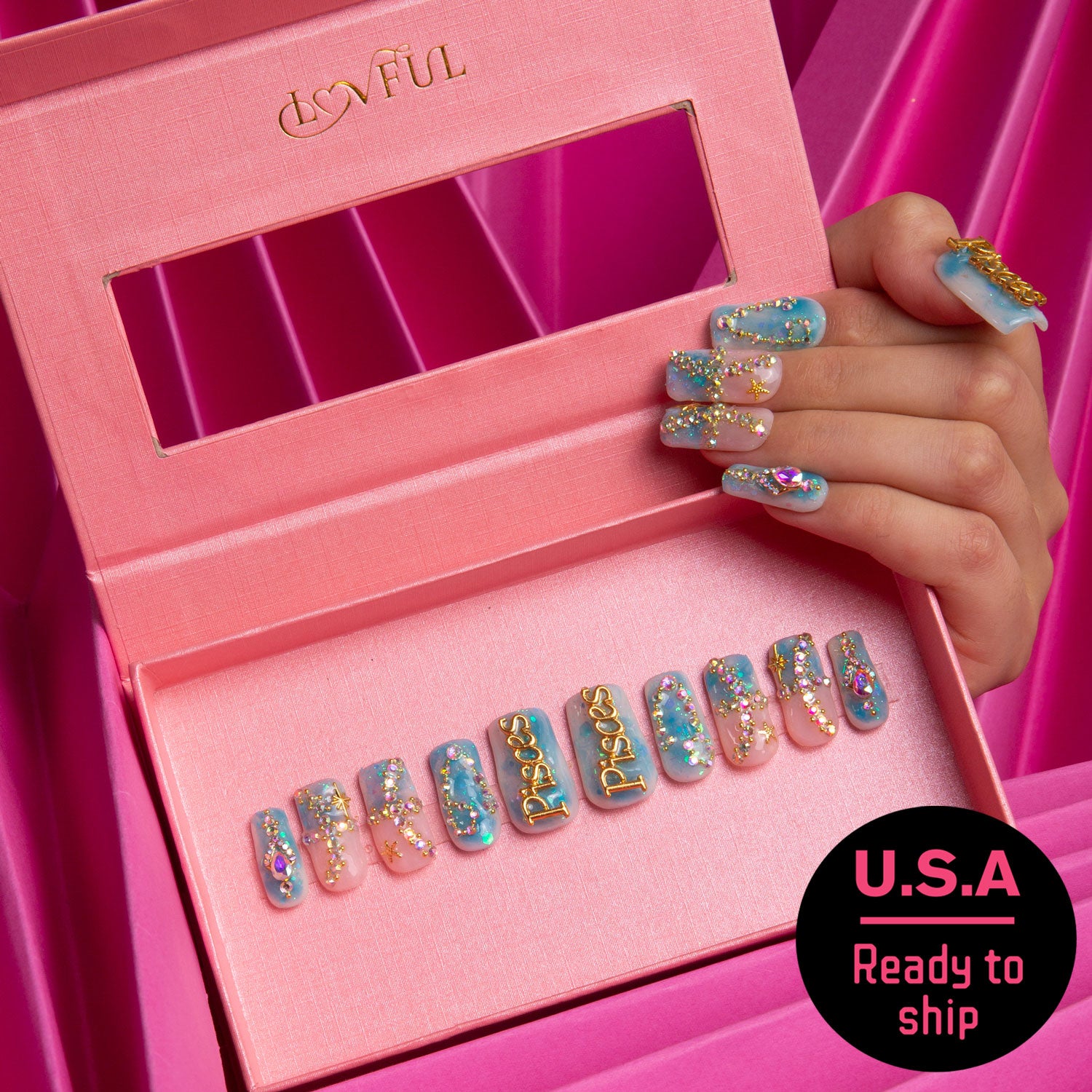 Pisces Blue Press-on Nails, Ready to Ship