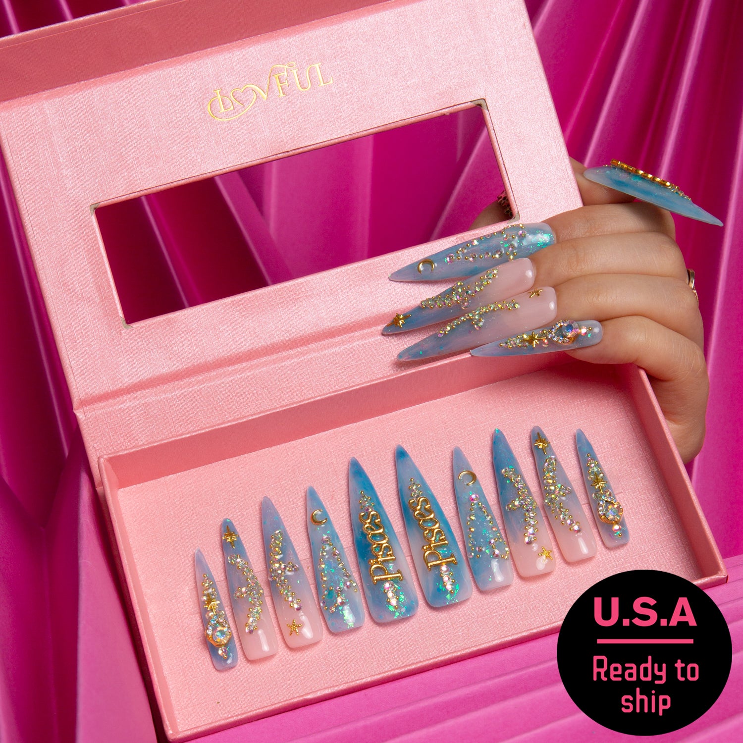 Pisces Blue Handmade Stiletto Nails H157 RTS